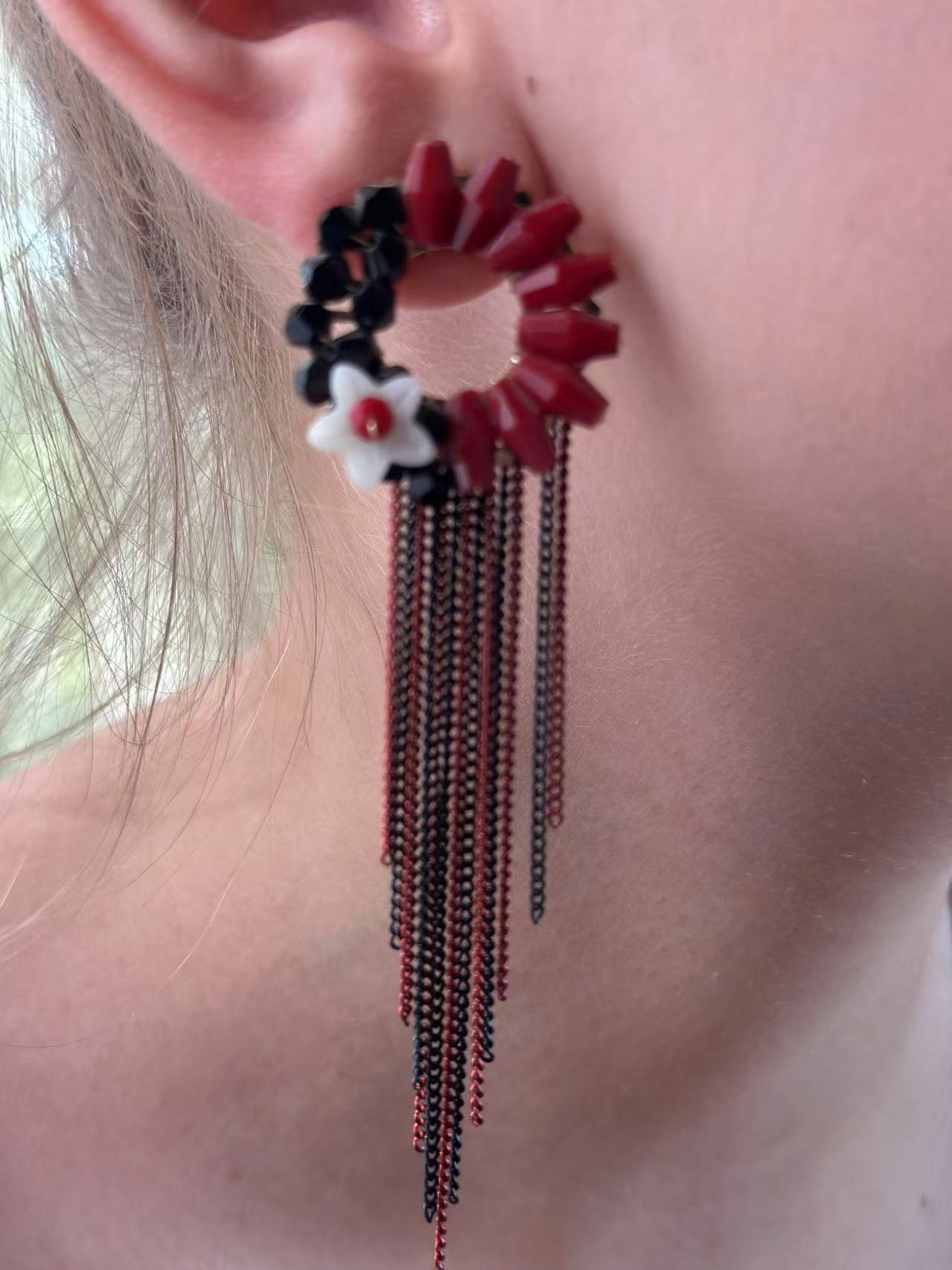 Red and Black Floral Earrings with Cascading Tassel Chains