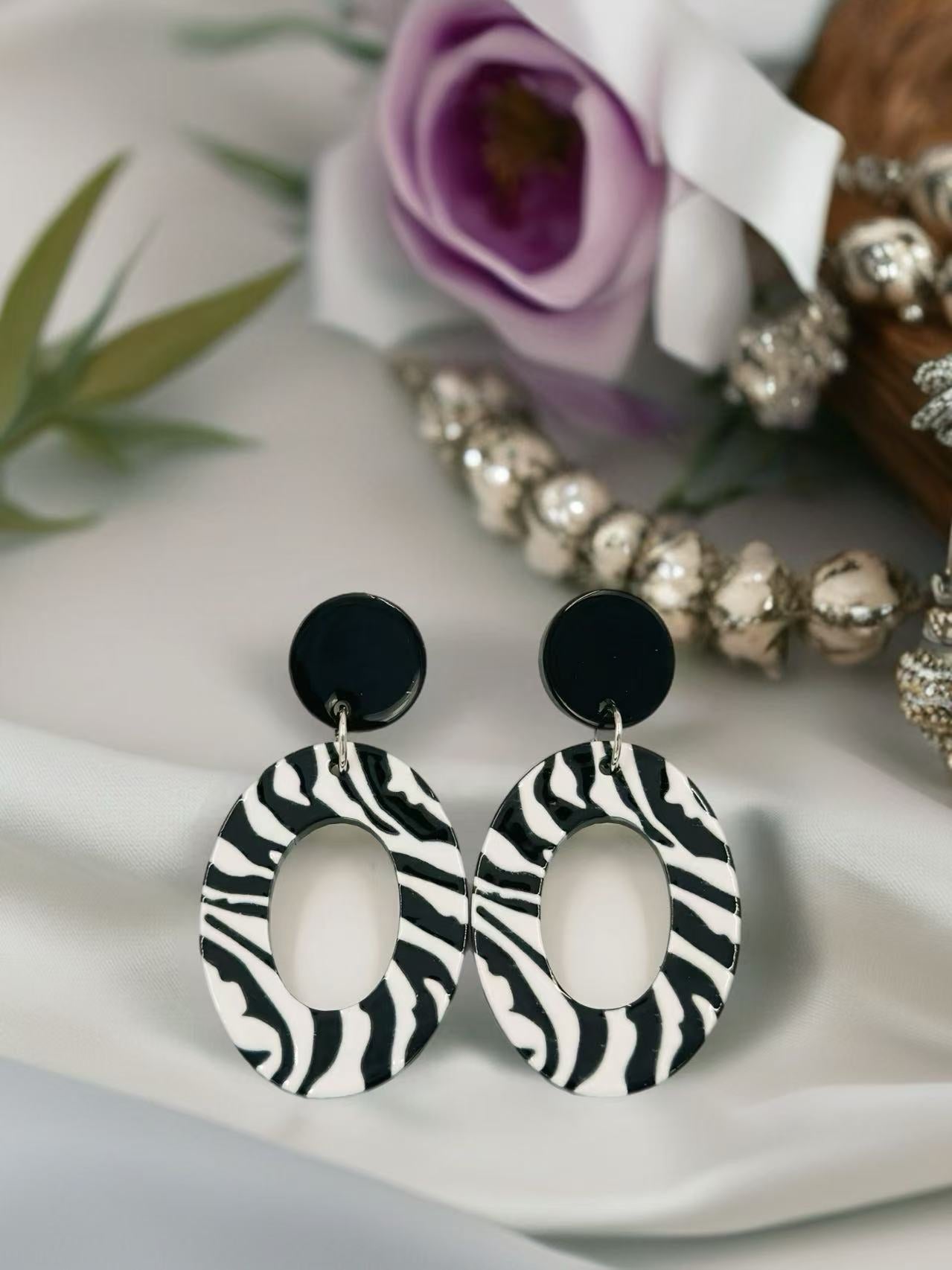 Zebra Oval Stud Statement Earrings