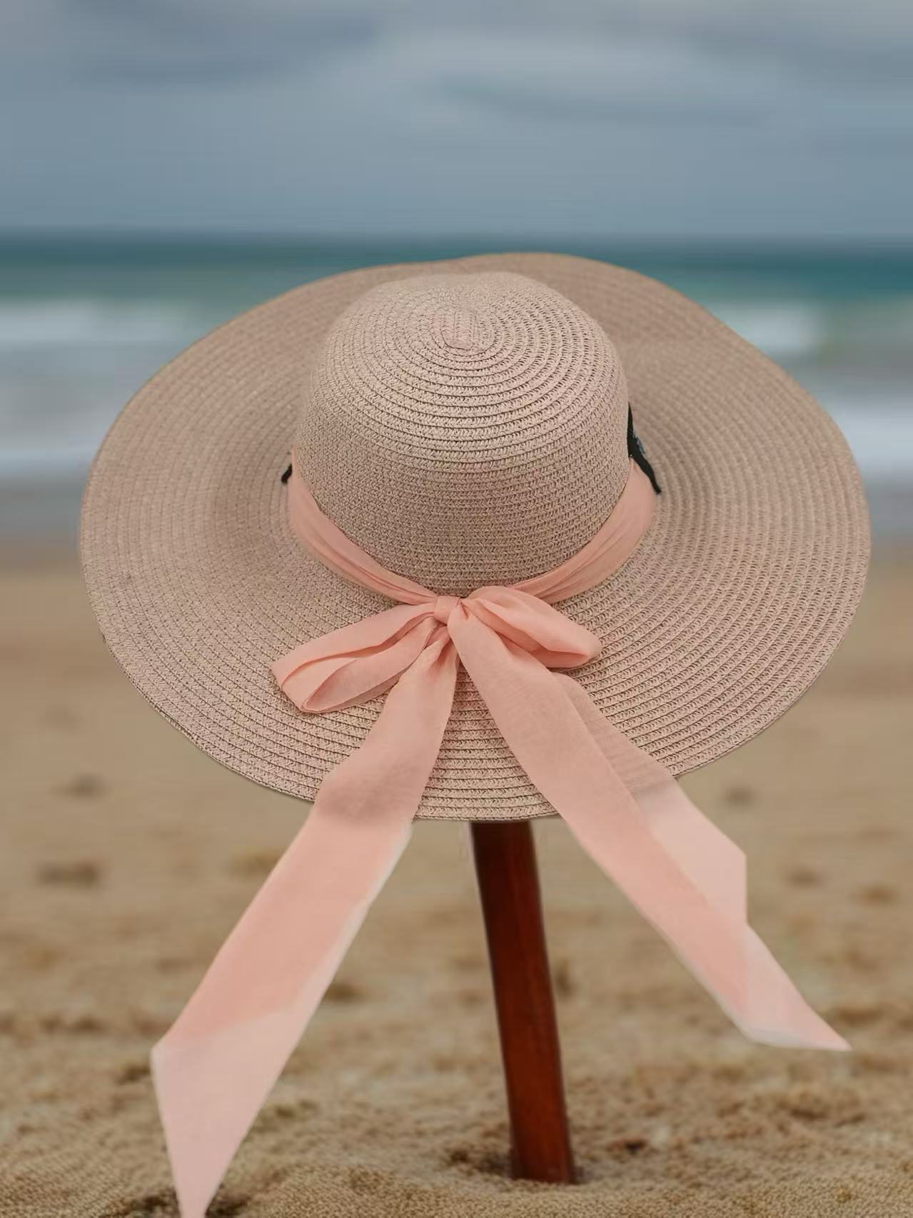 Boho-Chic Embroidered Sun Hat with Peach Chiffon Ribbon