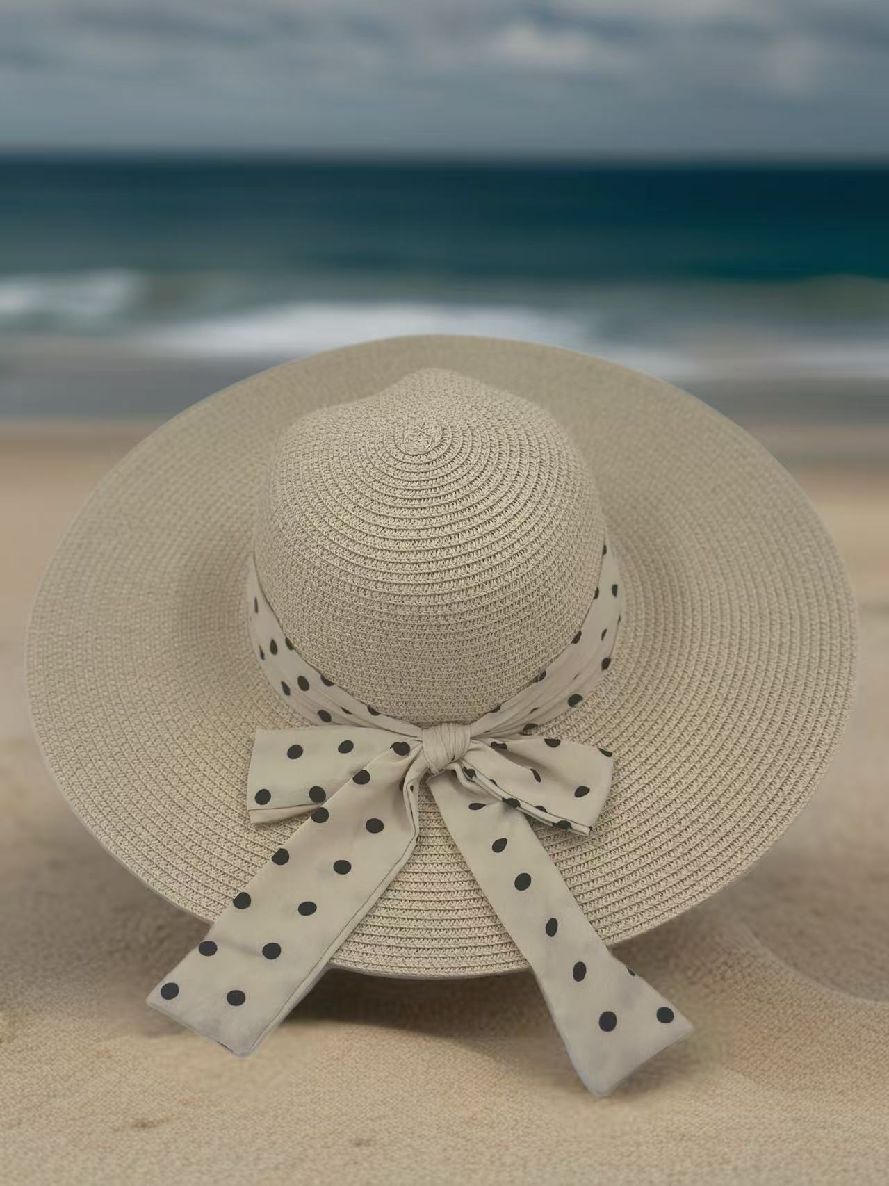 Elegant Wide-Brim Sun Hat with Polka Dot Ribbon