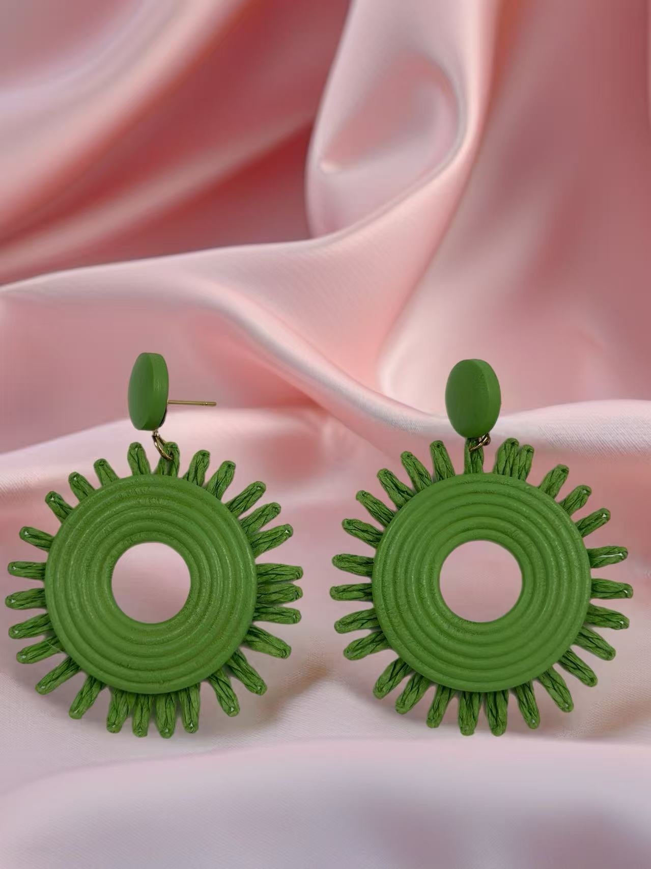 Green Colour Sun Raffia Statement Earrings