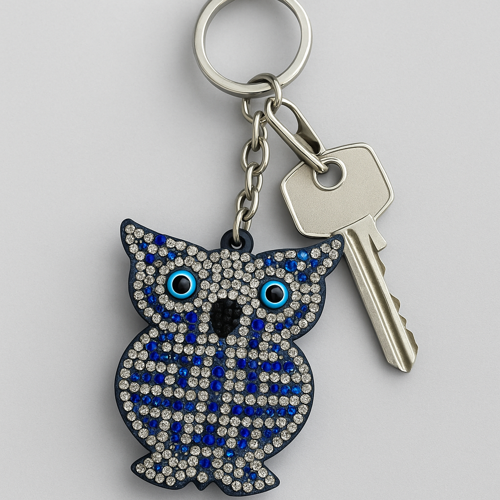 Crystal Owl Keychain – Sparkling Blue Rhinestone Wisdom Bag Charm & Key Ring