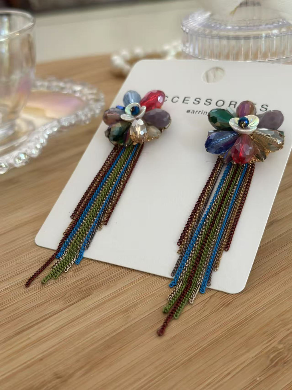 Colorful Flower Drop Earrings with Chain Fringes