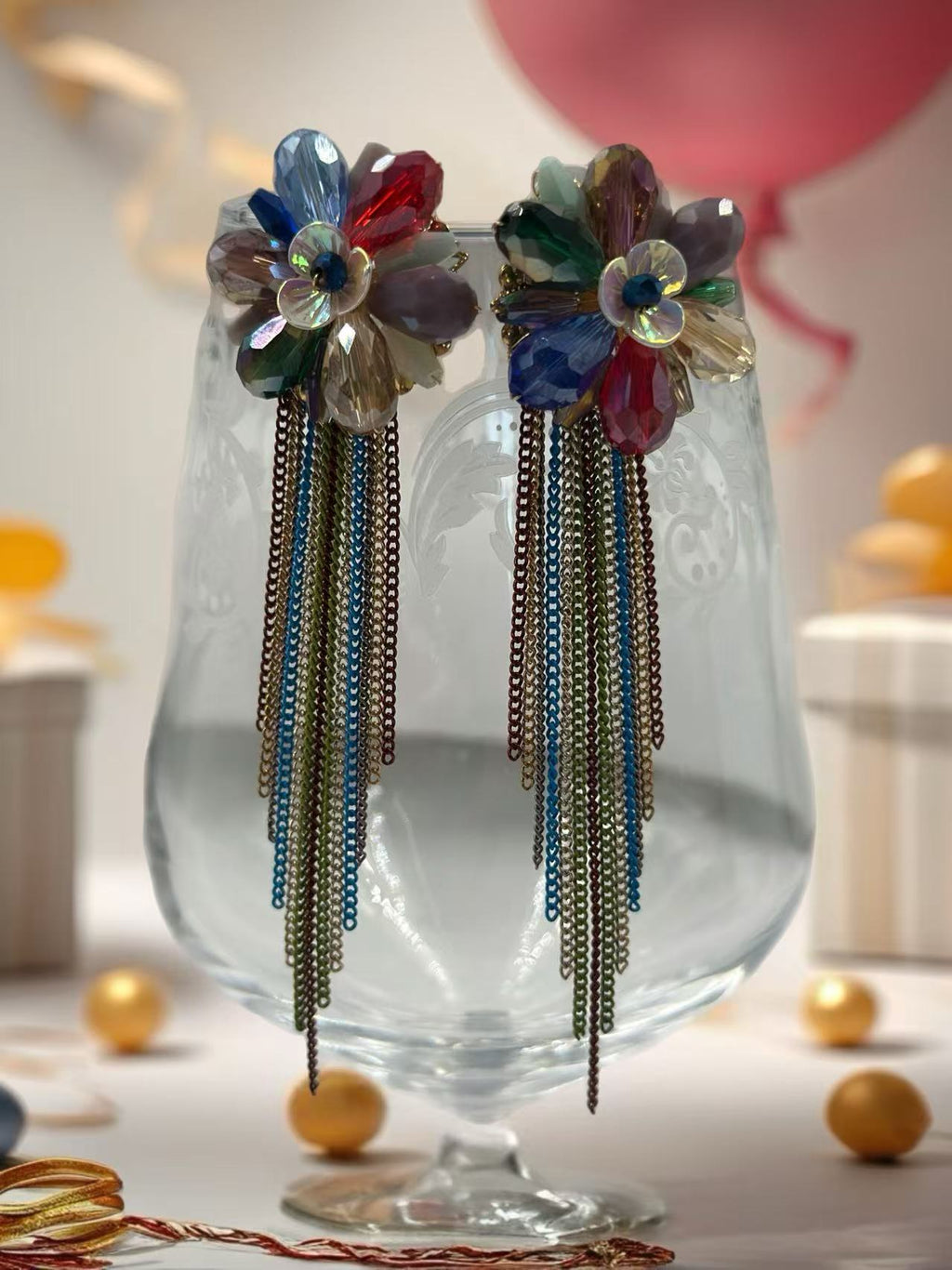Colorful Flower Drop Earrings with Chain Fringes