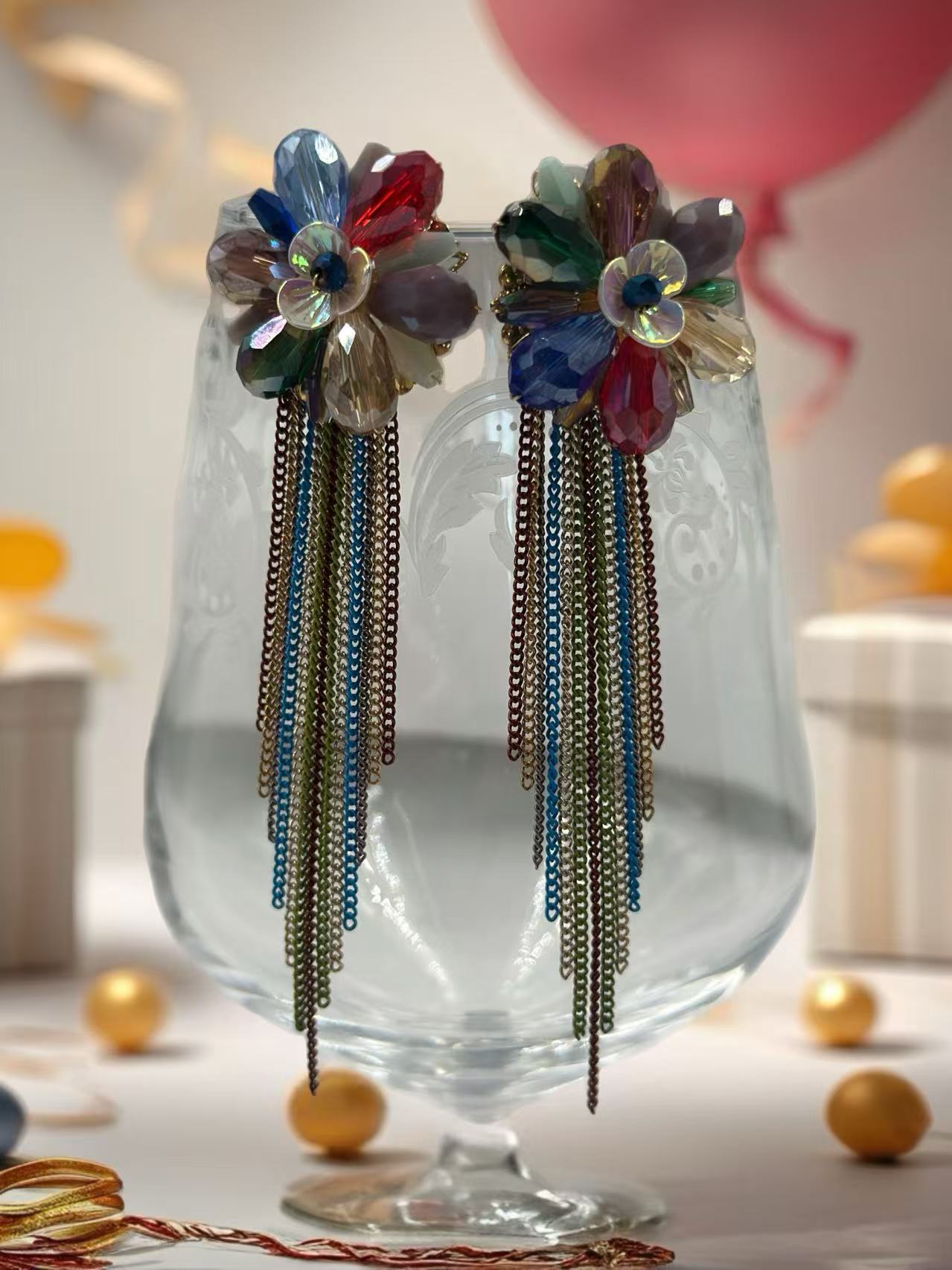 Colorful Flower Drop Earrings with Chain Fringes