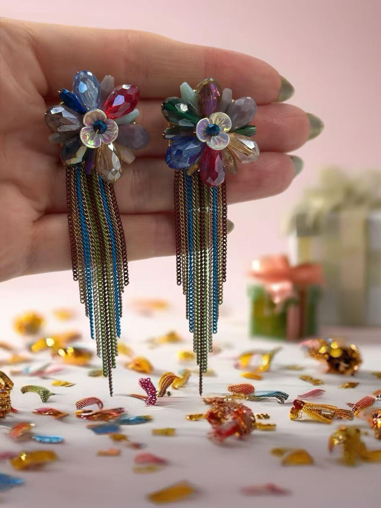 Colorful Flower Drop Earrings with Chain Fringes