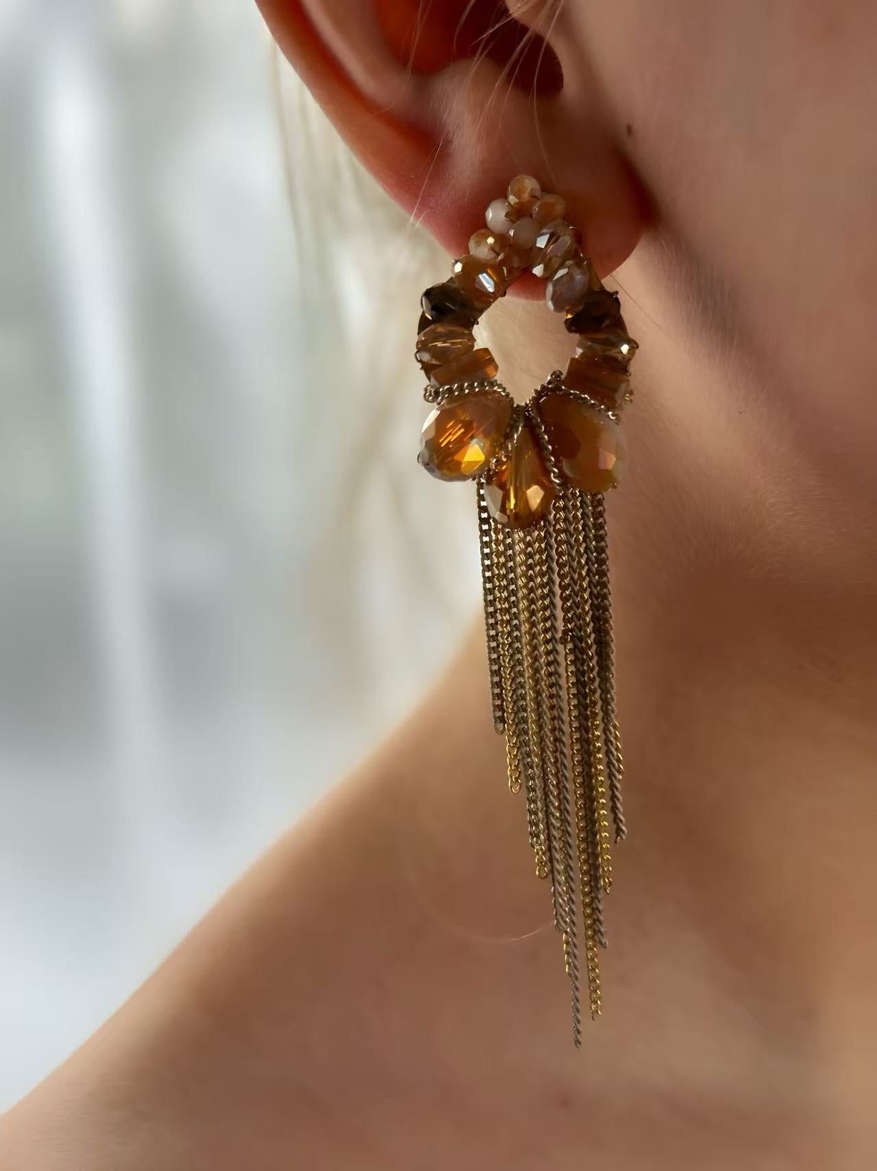Elegant Gold-Toned Flower Earrings with Chain Tassels