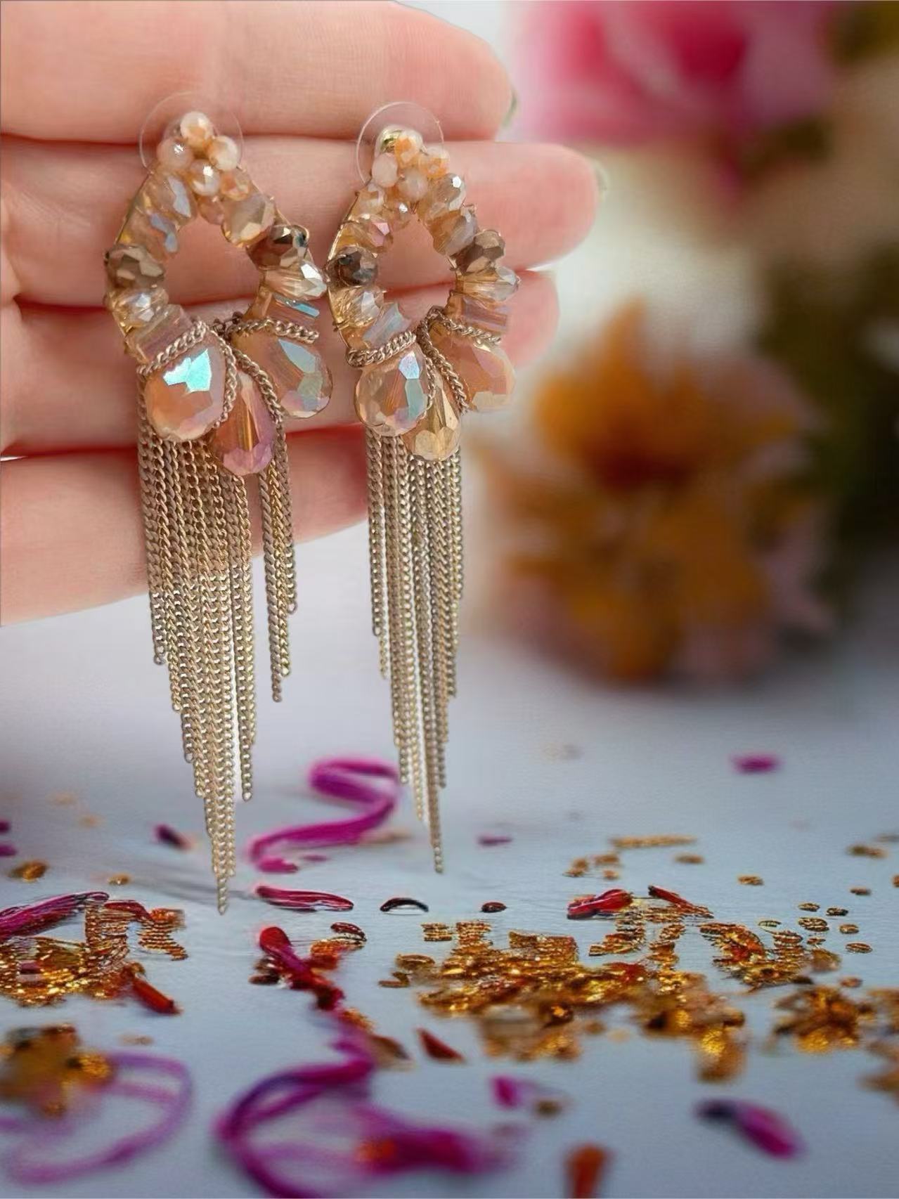 Elegant Gold-Toned Flower Earrings with Chain Tassels