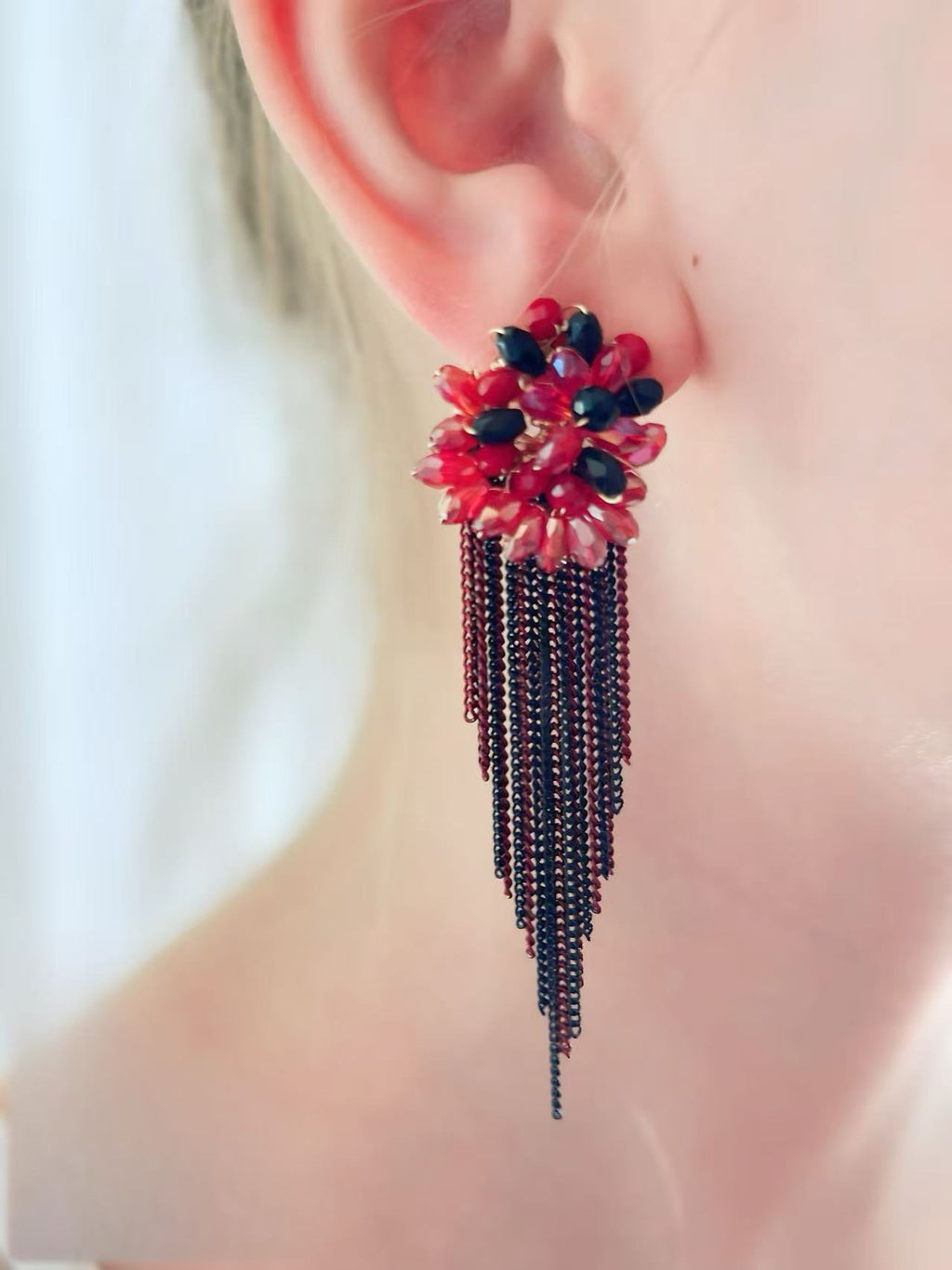 Red and Black Flower Earrings with Cascading Chain Tassels