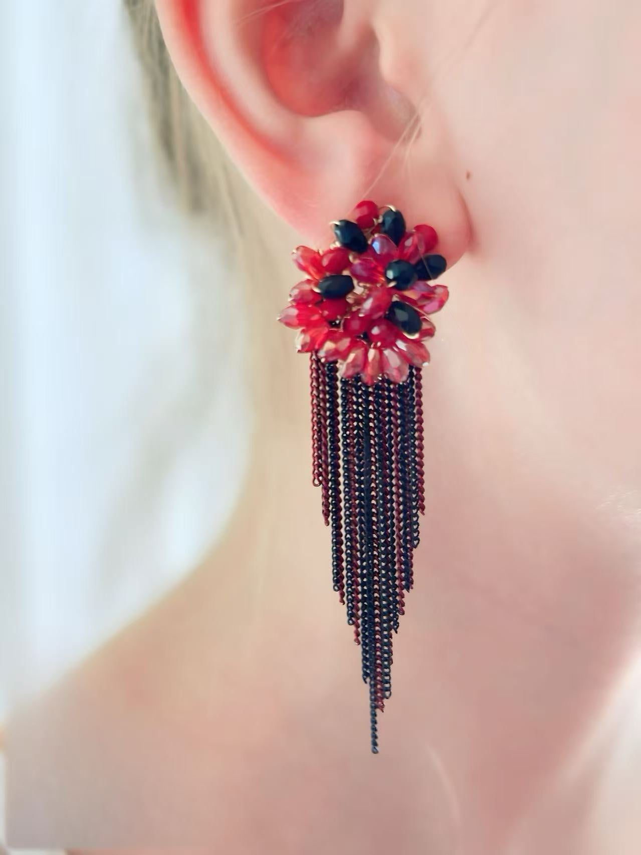 Red and Black Flower Earrings with Cascading Chain Tassels