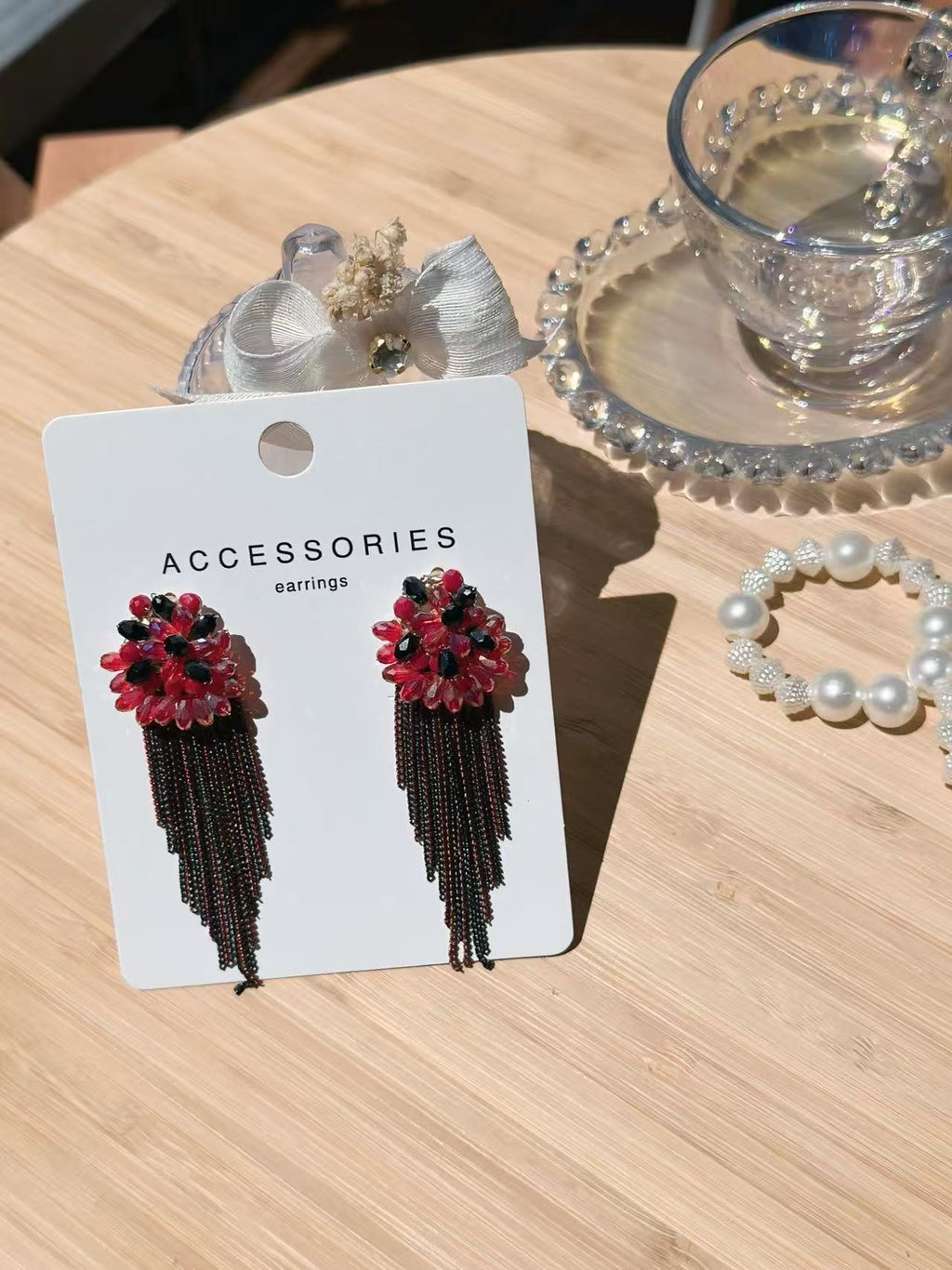 Red and Black Flower Earrings with Cascading Chain Tassels