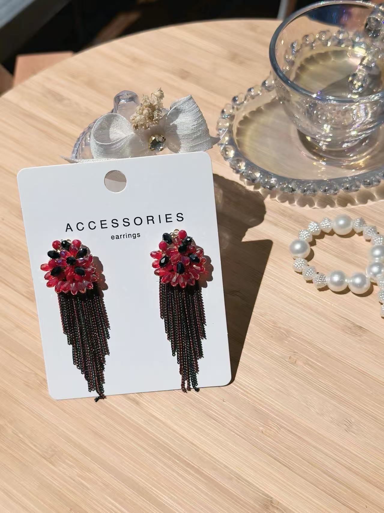Red and Black Flower Earrings with Cascading Chain Tassels