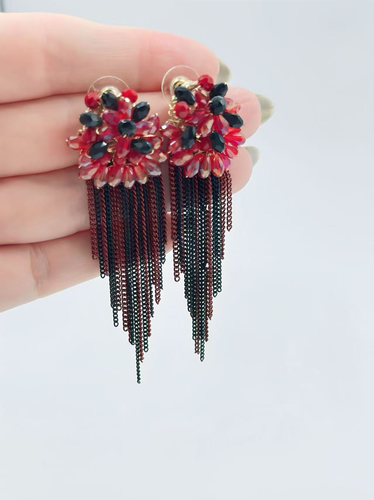 Red and Black Flower Earrings with Cascading Chain Tassels