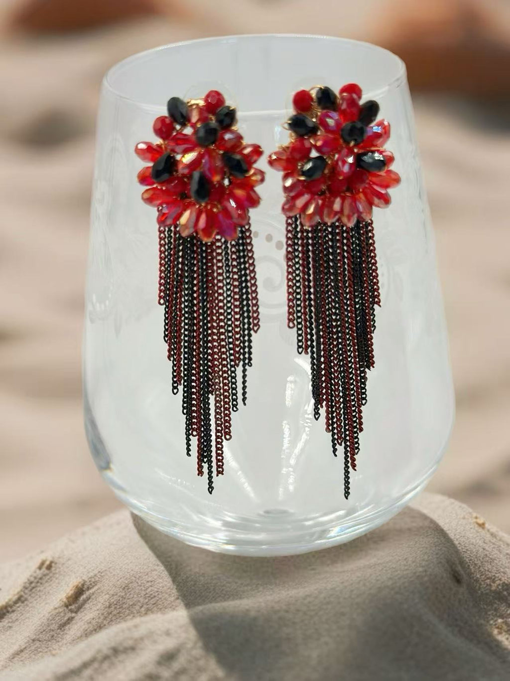 Red and Black Flower Earrings with Cascading Chain Tassels