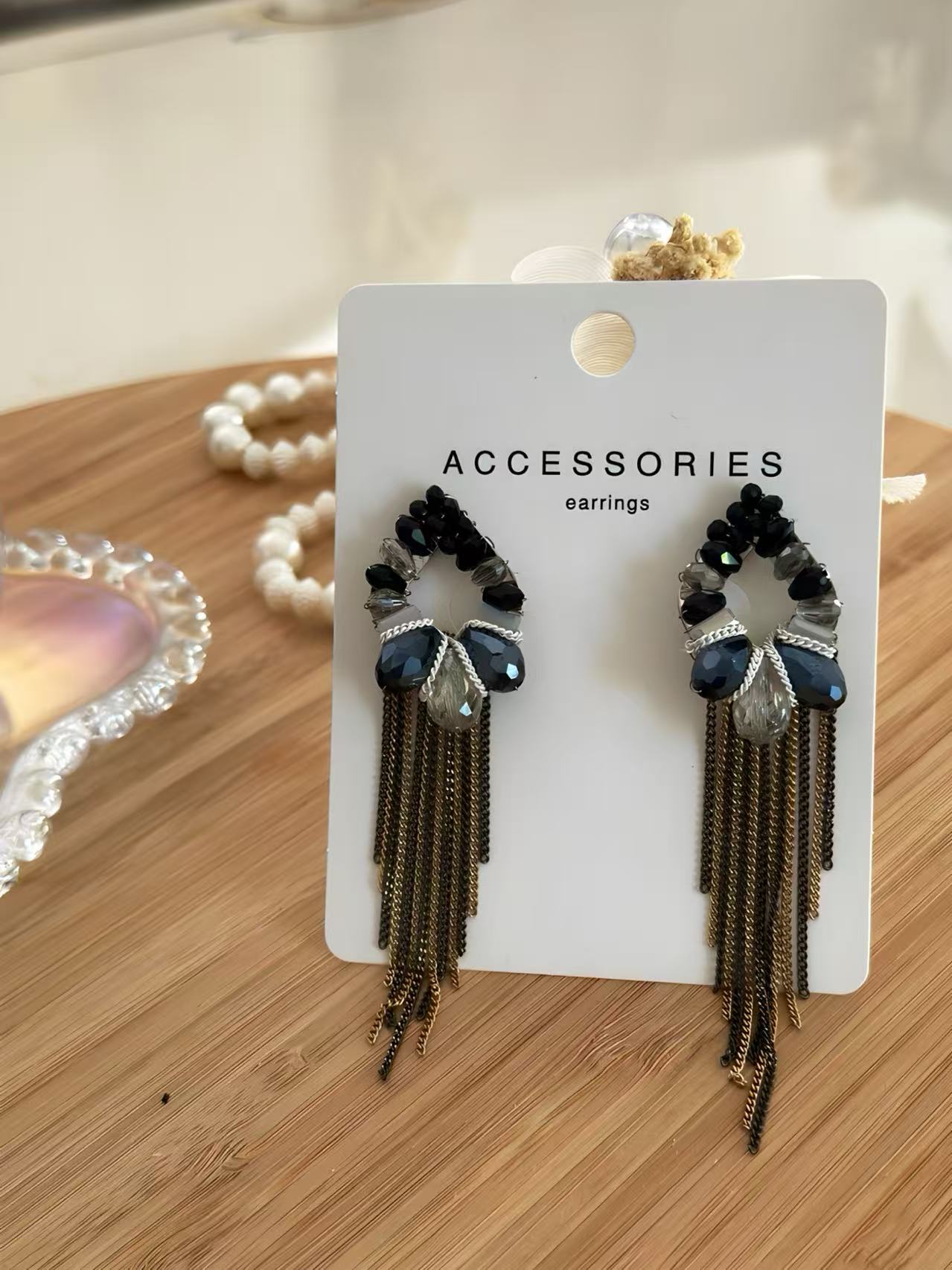 Black and Silver Floral Earrings with Elegant Chain Tassels