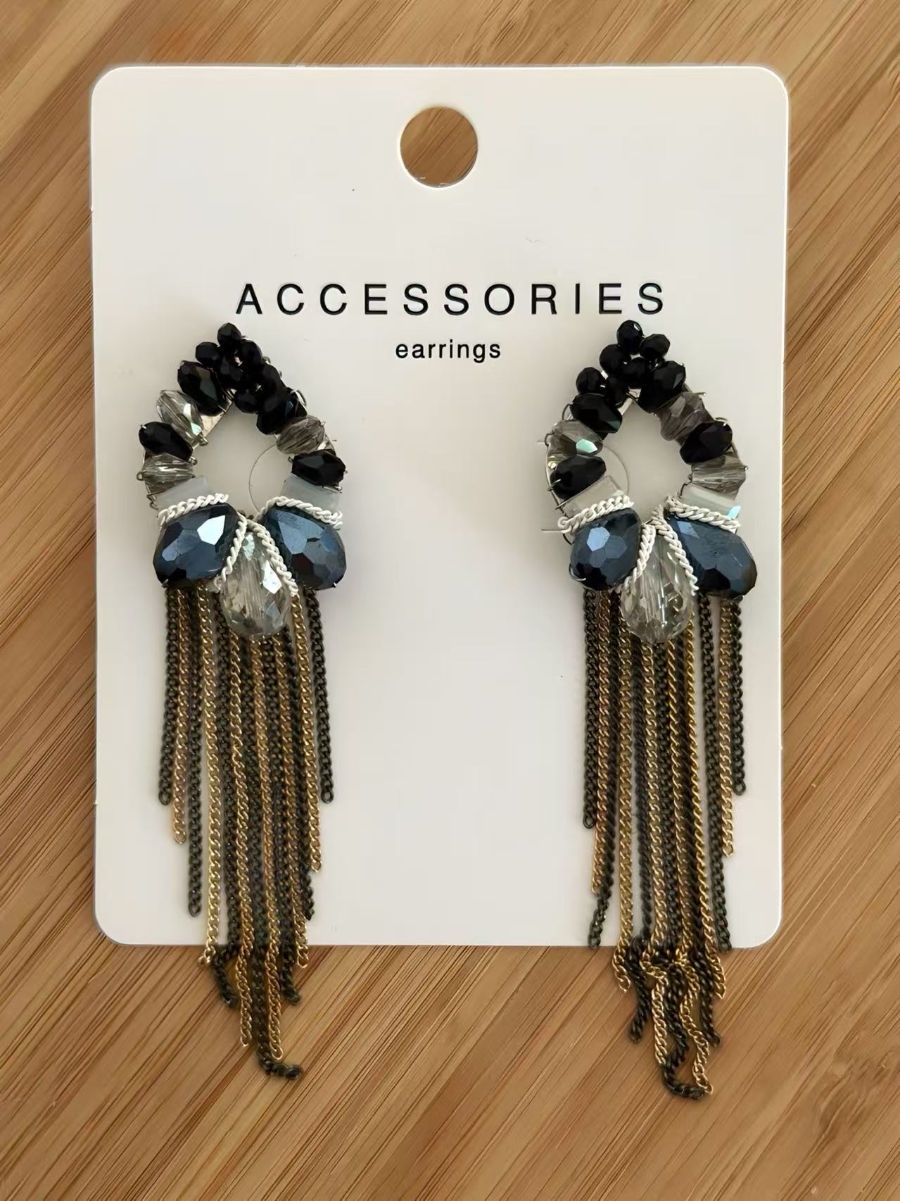 Black and Silver Floral Earrings with Elegant Chain Tassels