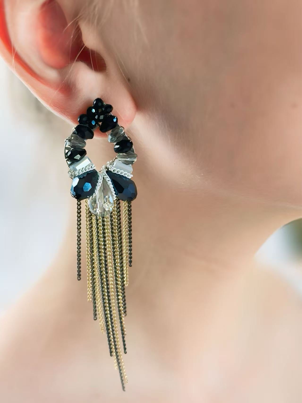 Black and Silver Floral Earrings with Elegant Chain Tassels