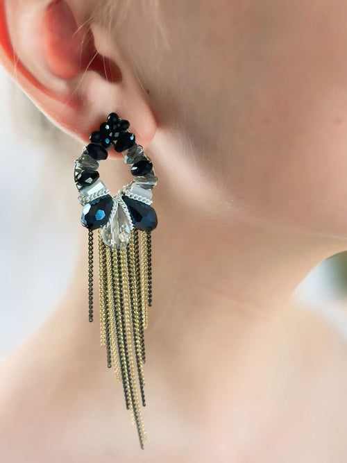 Black and Silver Floral Earrings with Elegant Chain Tassels