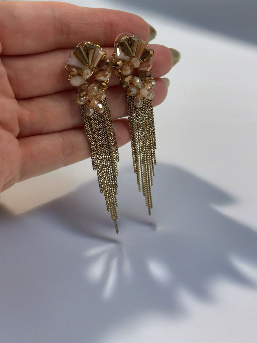 Elegant Gold and Crystal Flower Earrings with Cascading Tassels