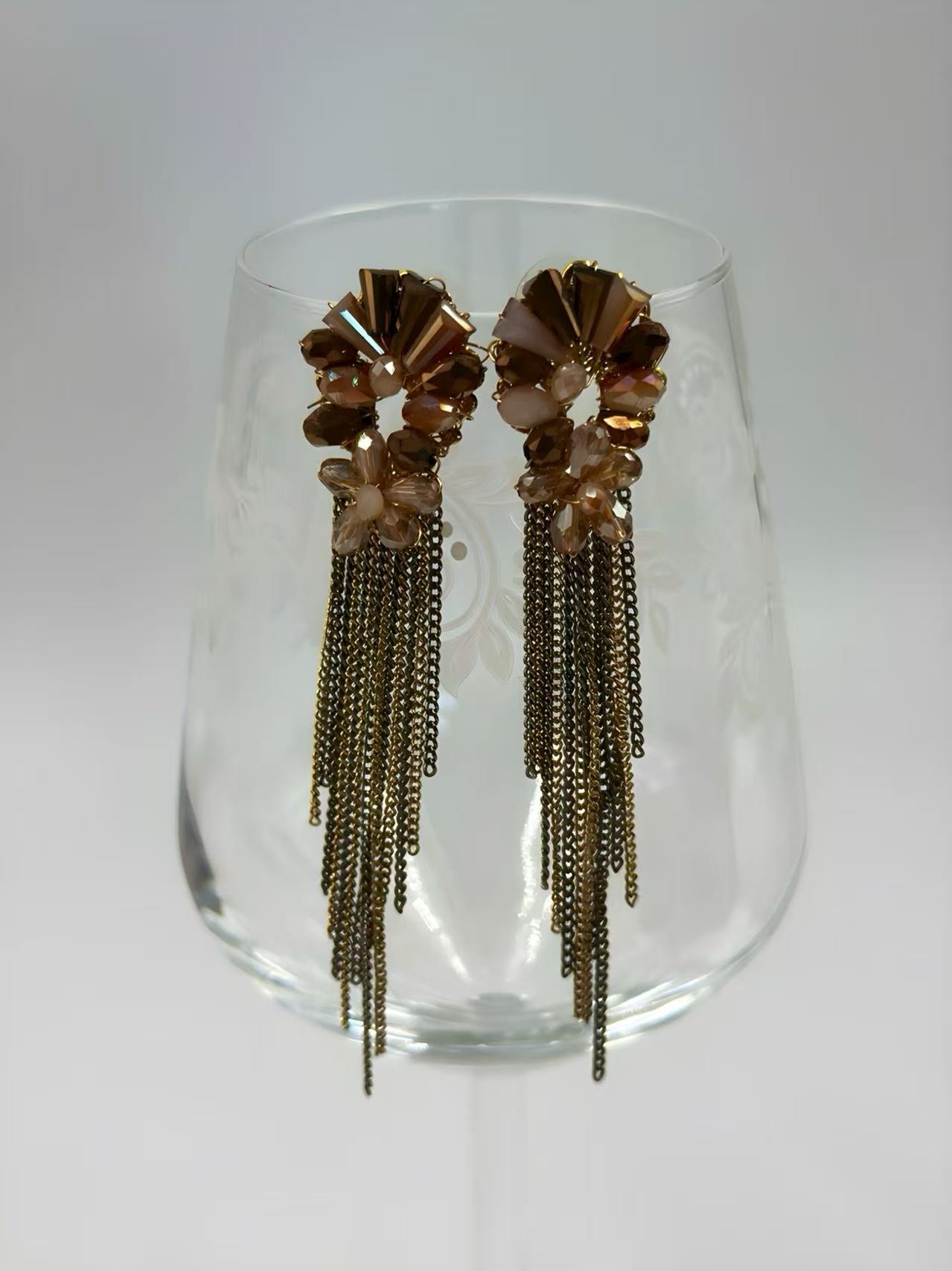 Elegant Gold and Crystal Flower Earrings with Cascading Tassels