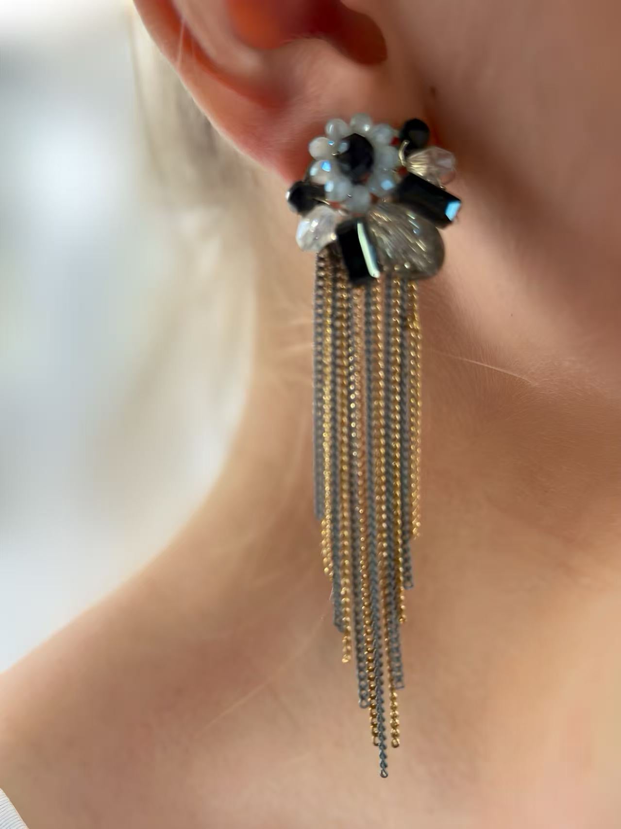 Black and White Floral Earrings with Gold and Silver Chain Tassels