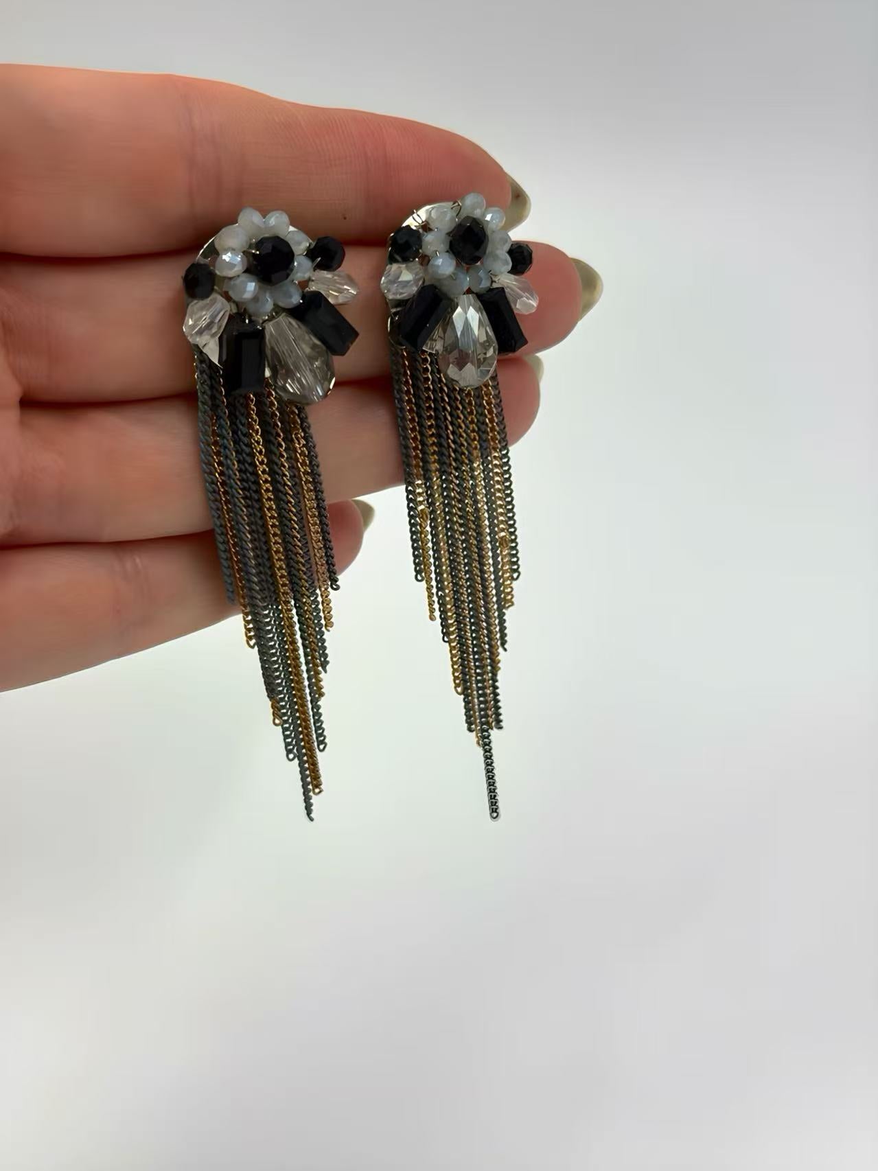 Black and White Floral Earrings with Gold and Silver Chain Tassels