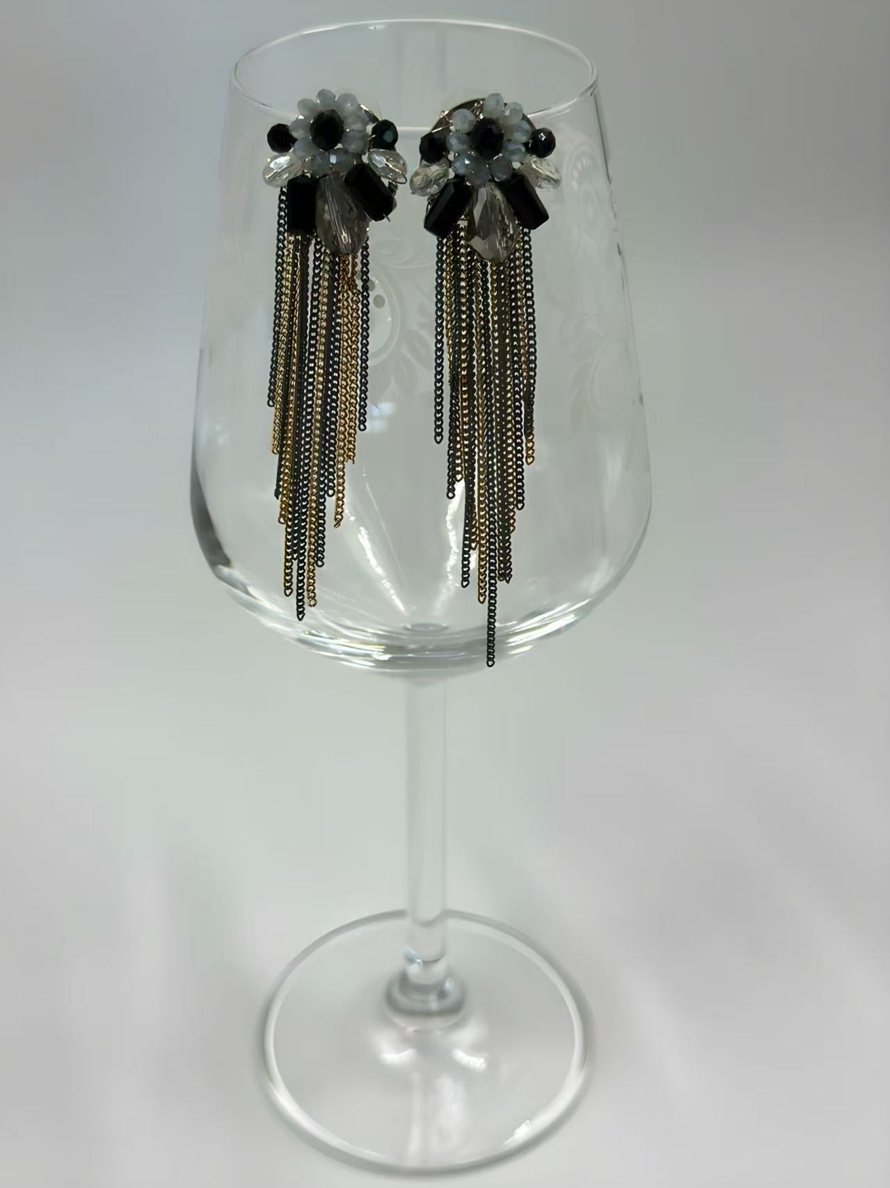 Black and White Floral Earrings with Gold and Silver Chain Tassels
