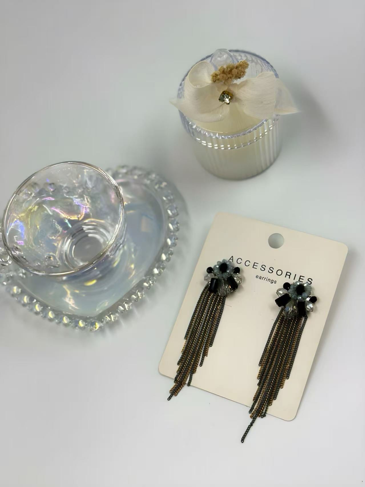 Black and White Floral Earrings with Gold and Silver Chain Tassels