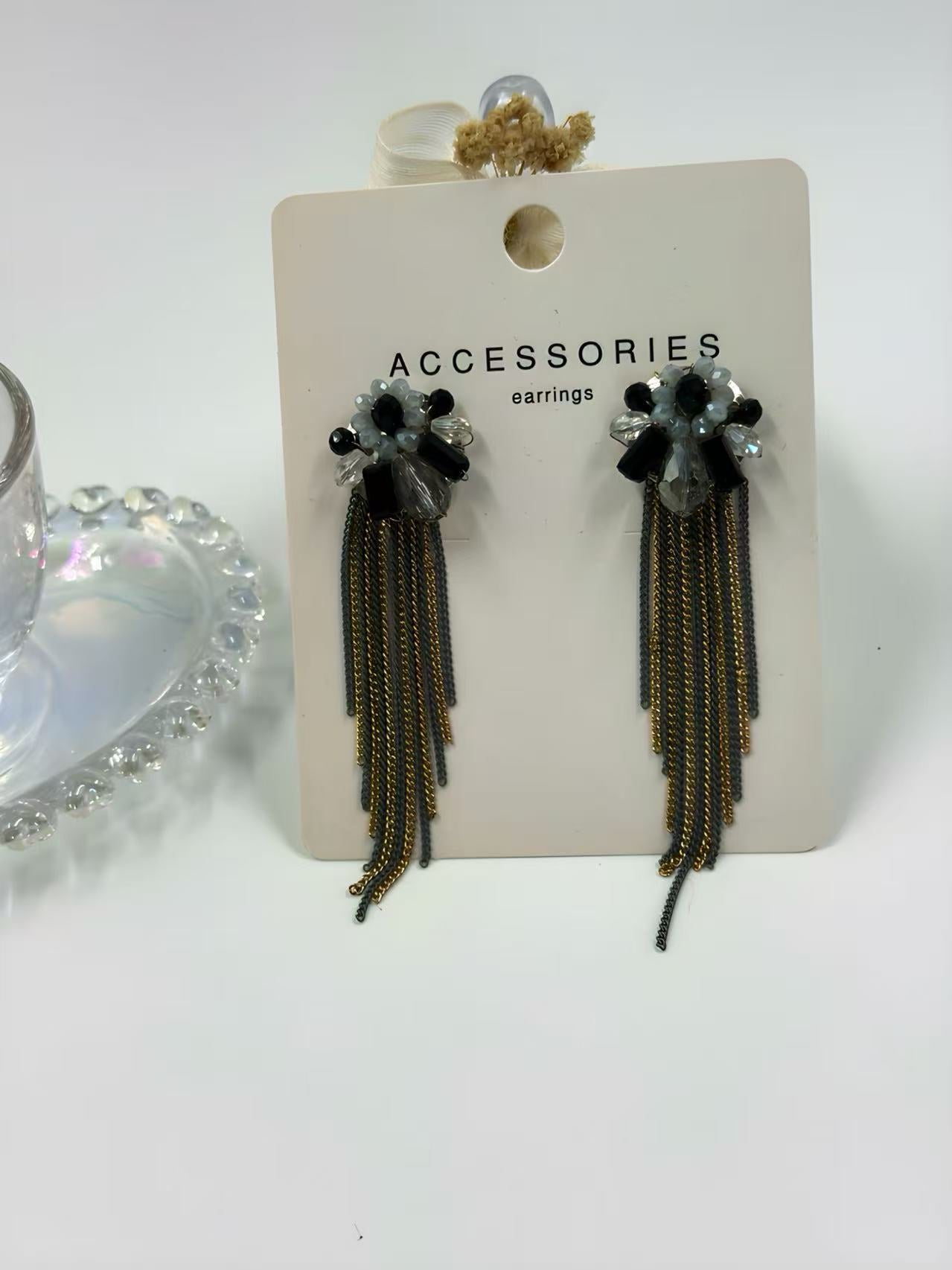 Black and White Floral Earrings with Gold and Silver Chain Tassels