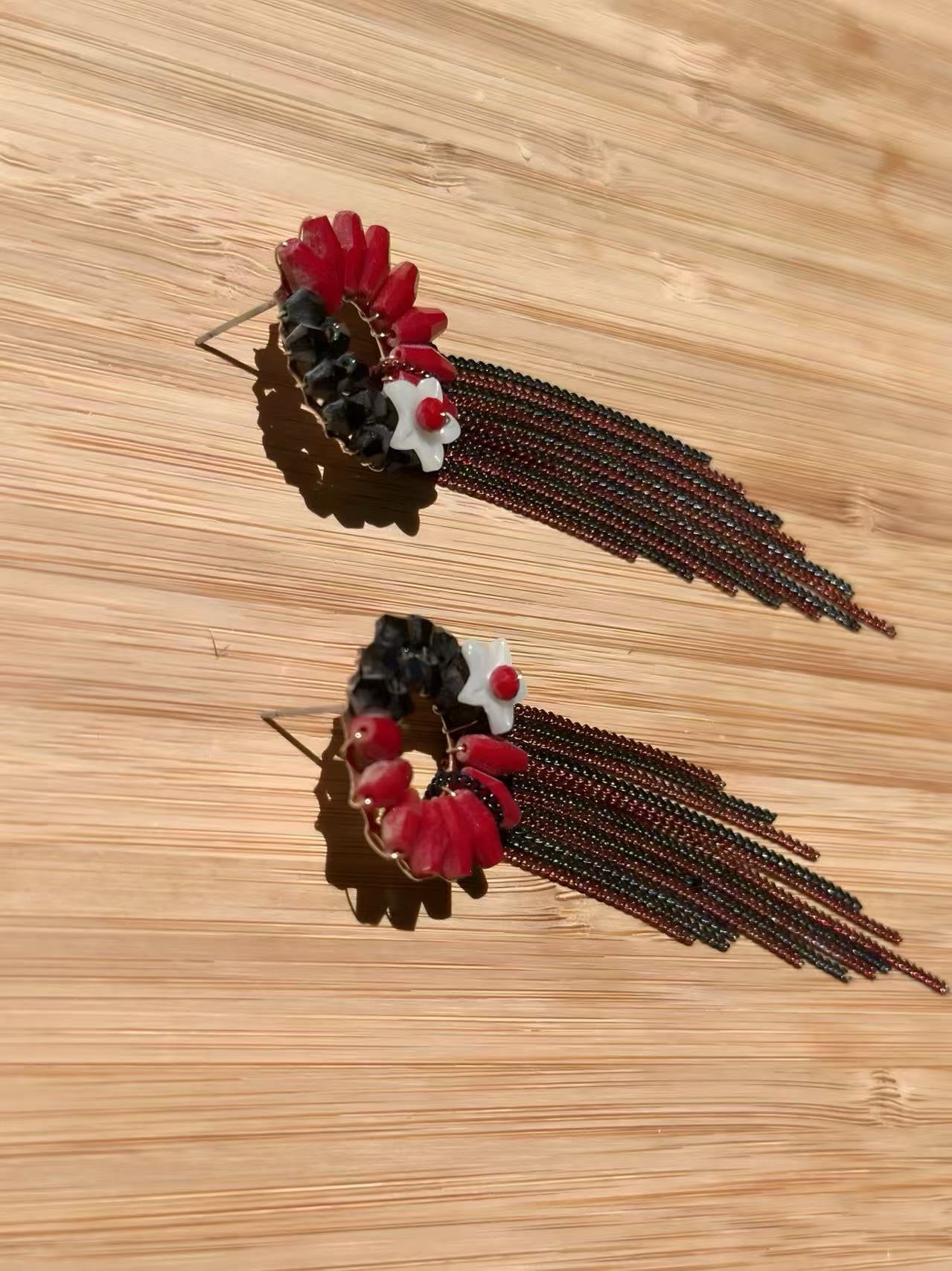 Red and Black Floral Earrings with Cascading Tassel Chains