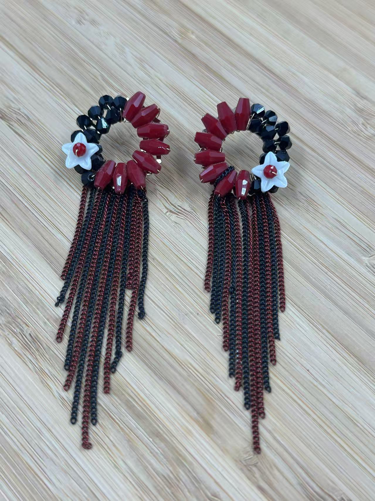 Red and Black Floral Earrings with Cascading Tassel Chains