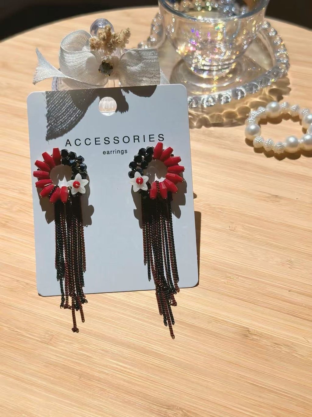 Red and Black Floral Earrings with Cascading Tassel Chains