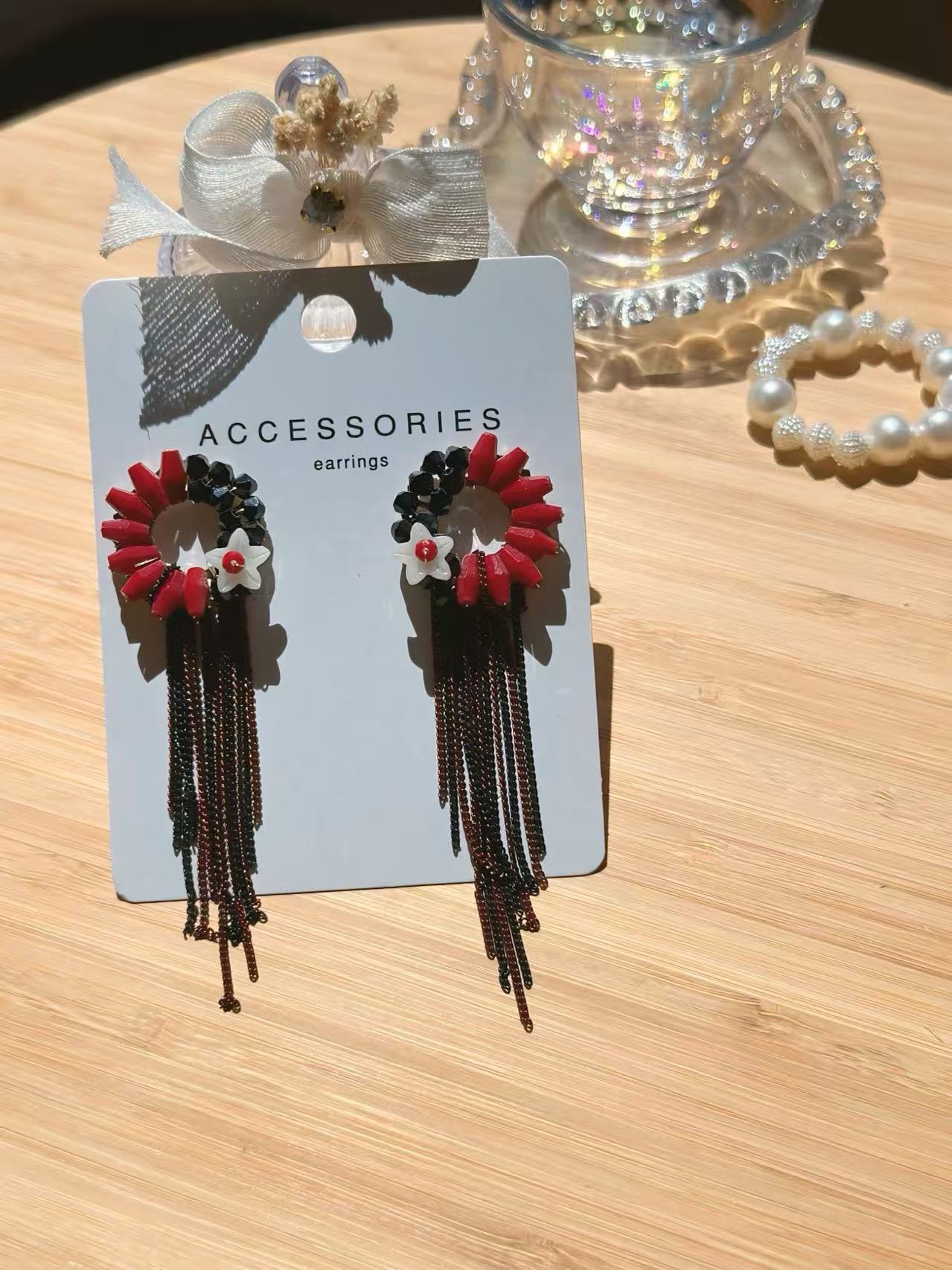 Red and Black Floral Earrings with Cascading Tassel Chains