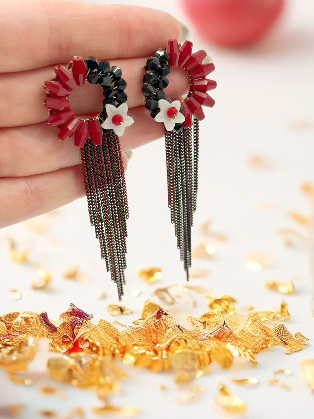 Red and Black Floral Earrings with Cascading Tassel Chains