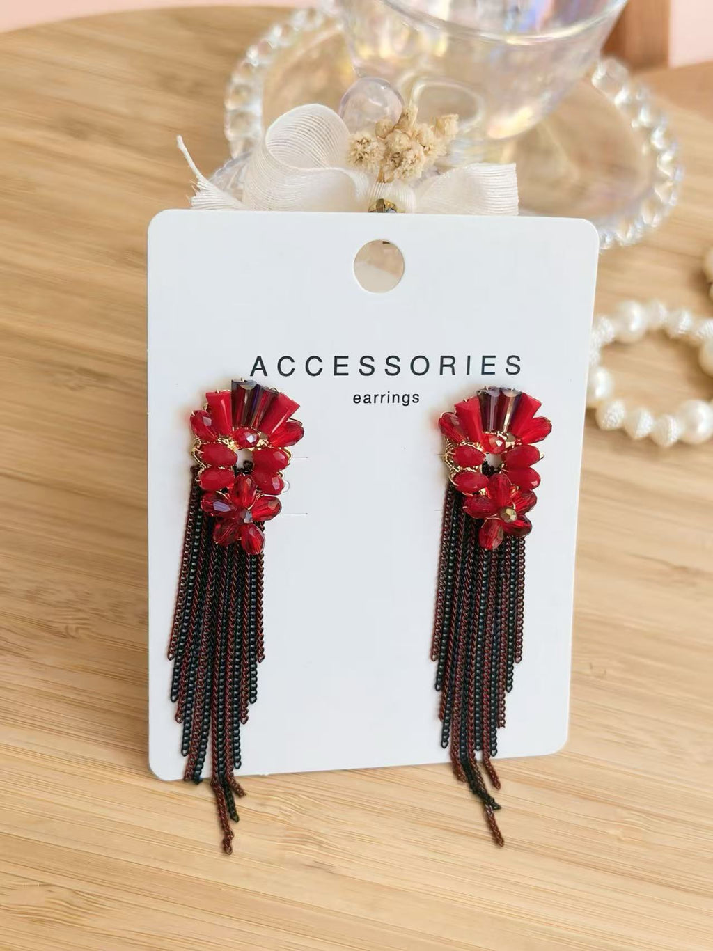 Red Crystal Floral Earrings with Cascading Tassels