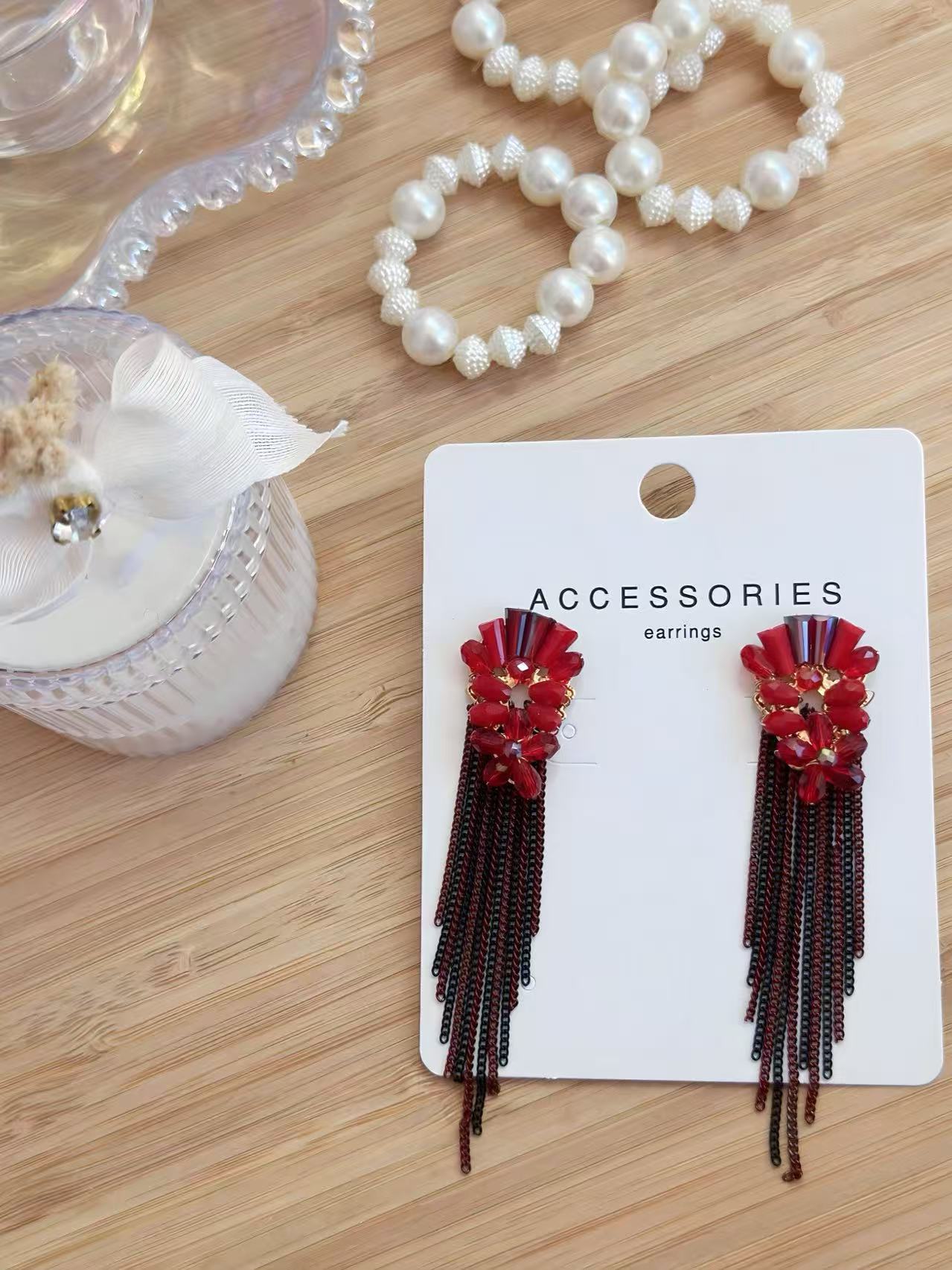 Red Crystal Floral Earrings with Cascading Tassels