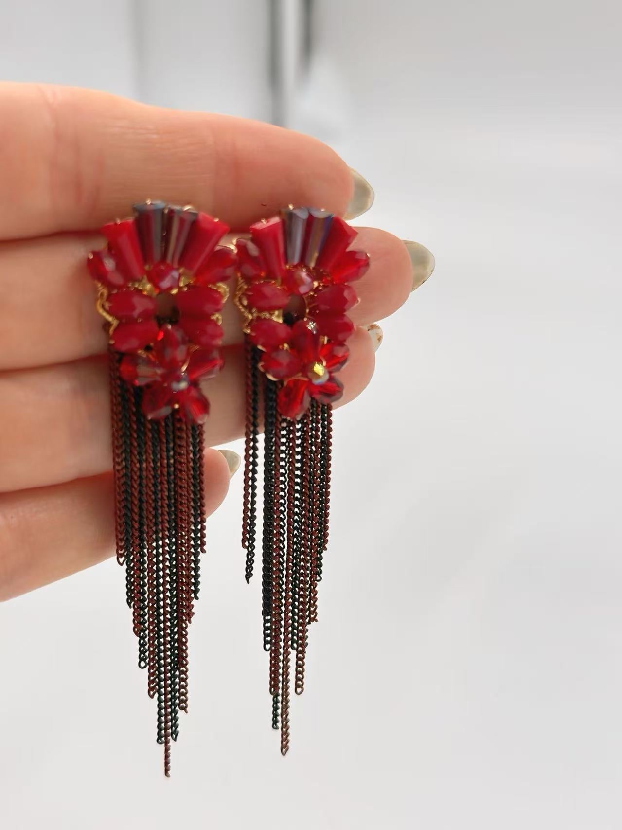 Red Crystal Floral Earrings with Cascading Tassels