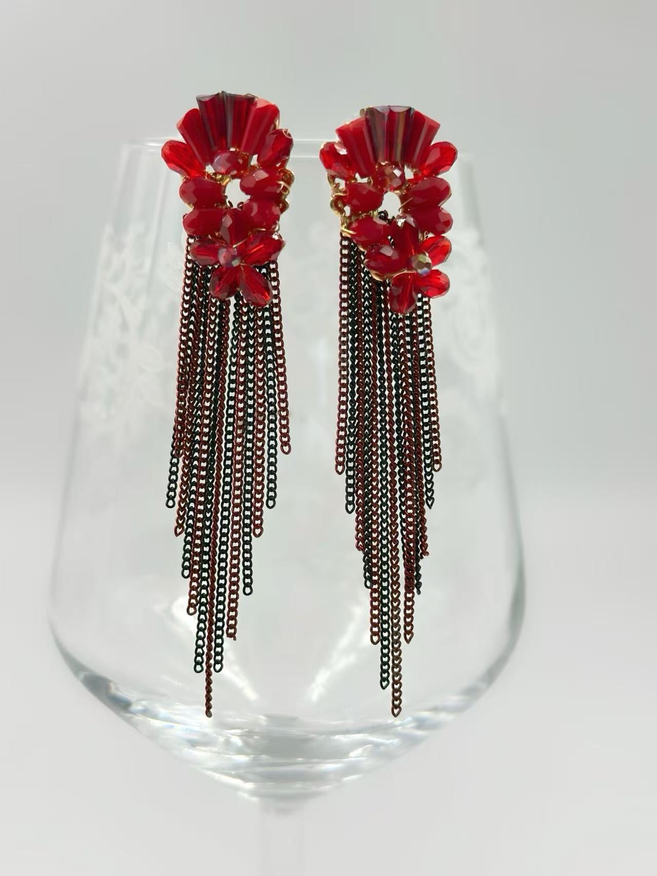 Red Crystal Floral Earrings with Cascading Tassels