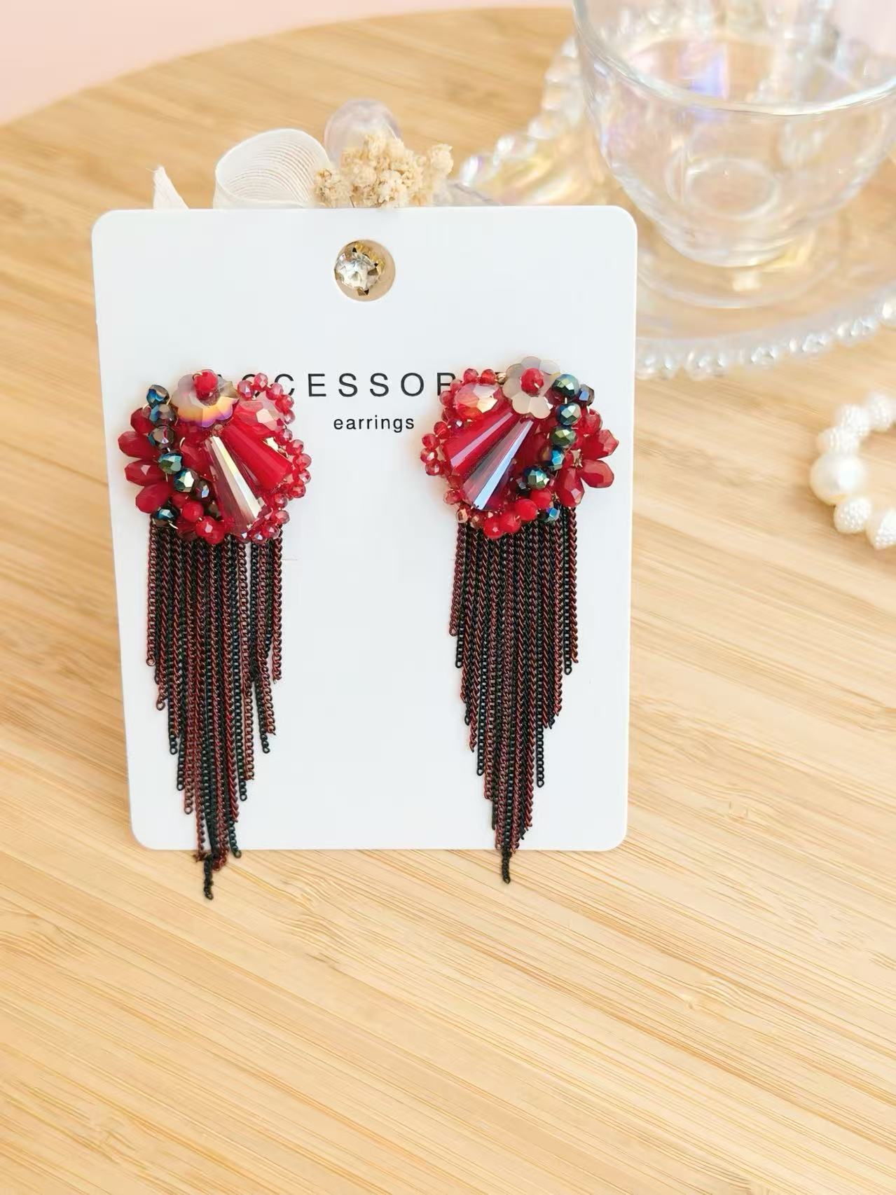 Red Floral Earrings with Long Cascading Tassels