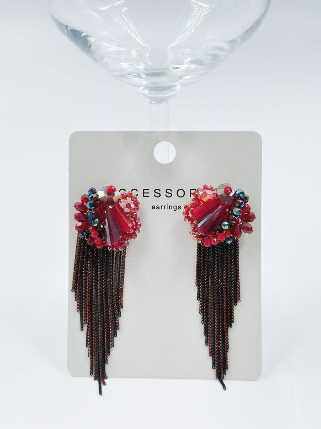 Red Floral Earrings with Long Cascading Tassels