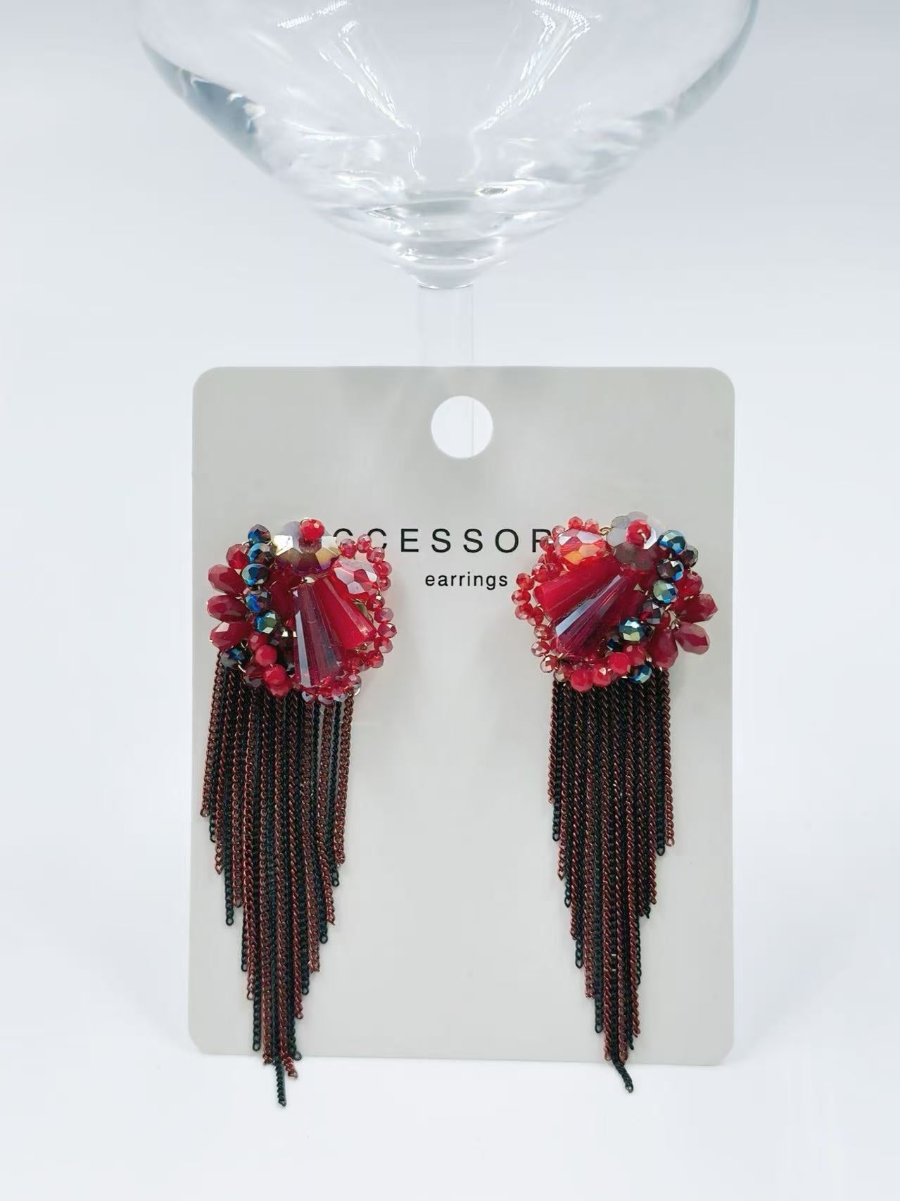 Red Floral Earrings with Long Cascading Tassels