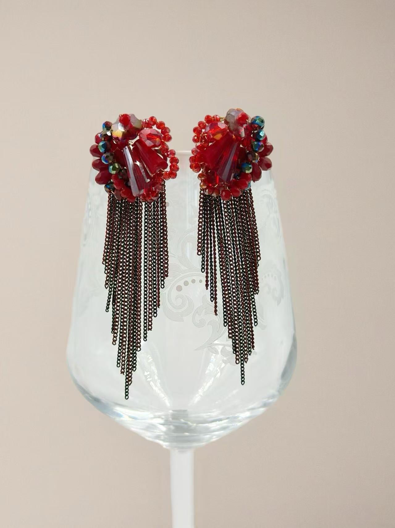 Red Floral Earrings with Long Cascading Tassels