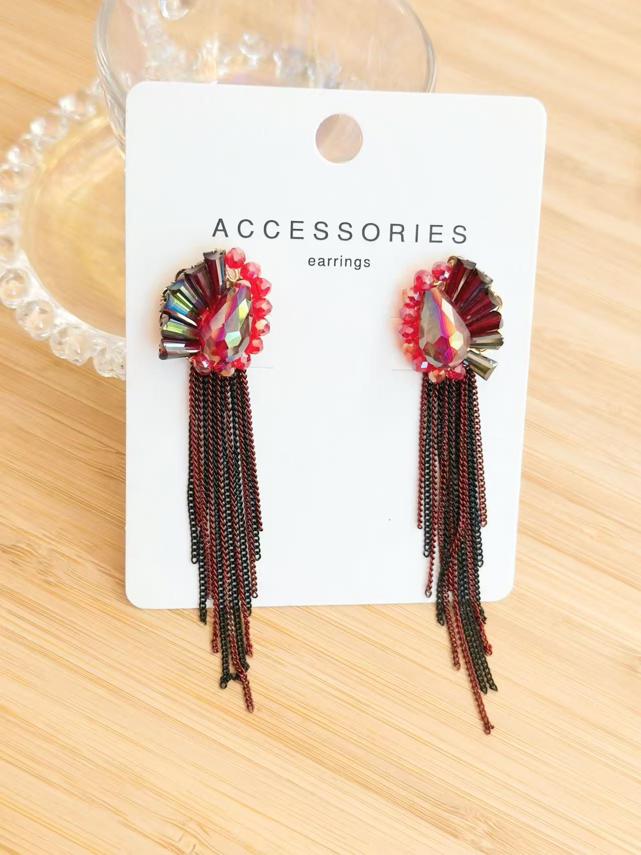 Red Floral Earrings with Long Cascading Tassels