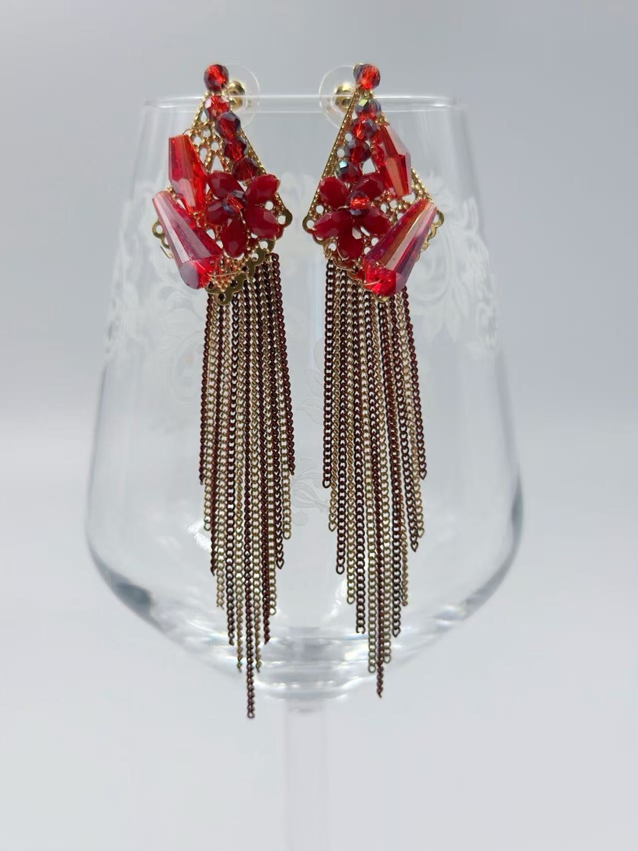 Red Floral Earrings with Geometric Design and Tassel Chains