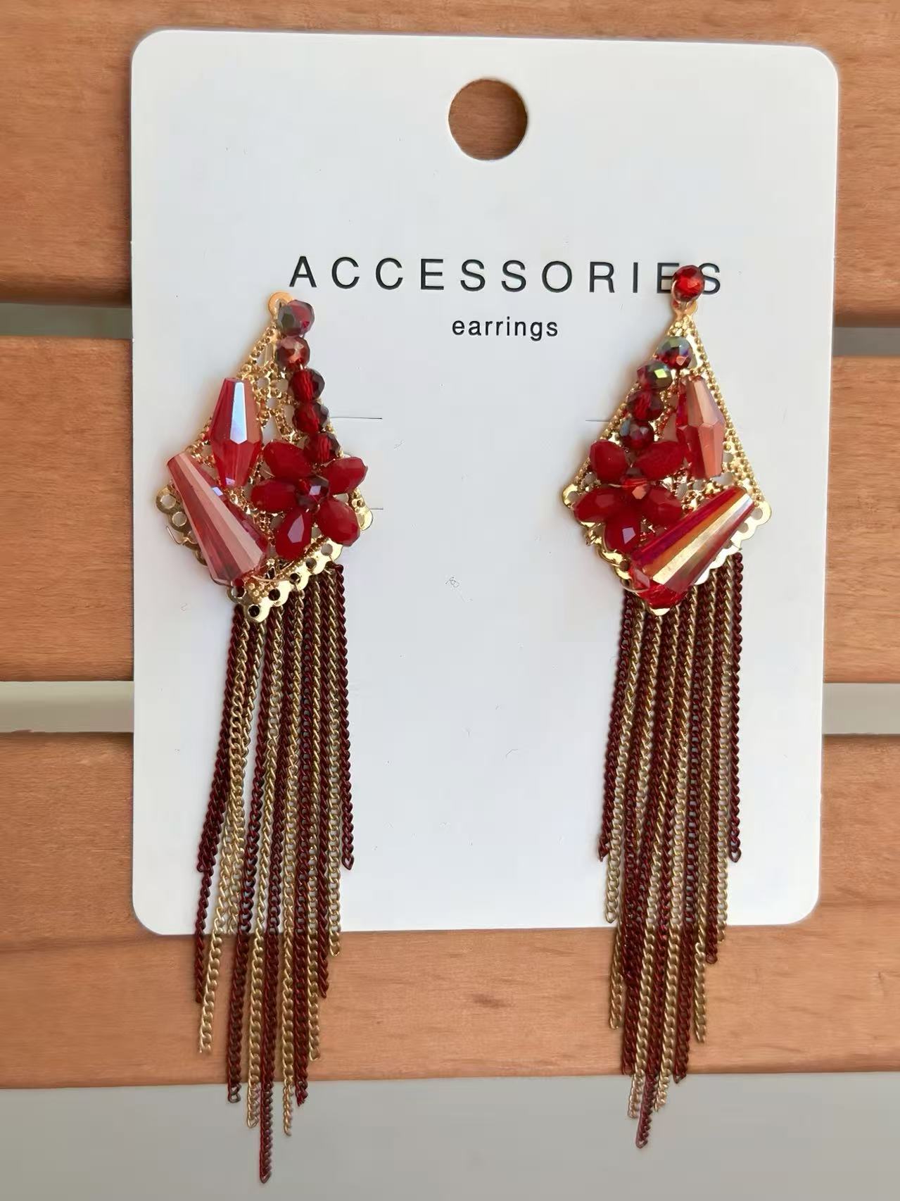 Red Floral Earrings with Geometric Design and Tassel Chains