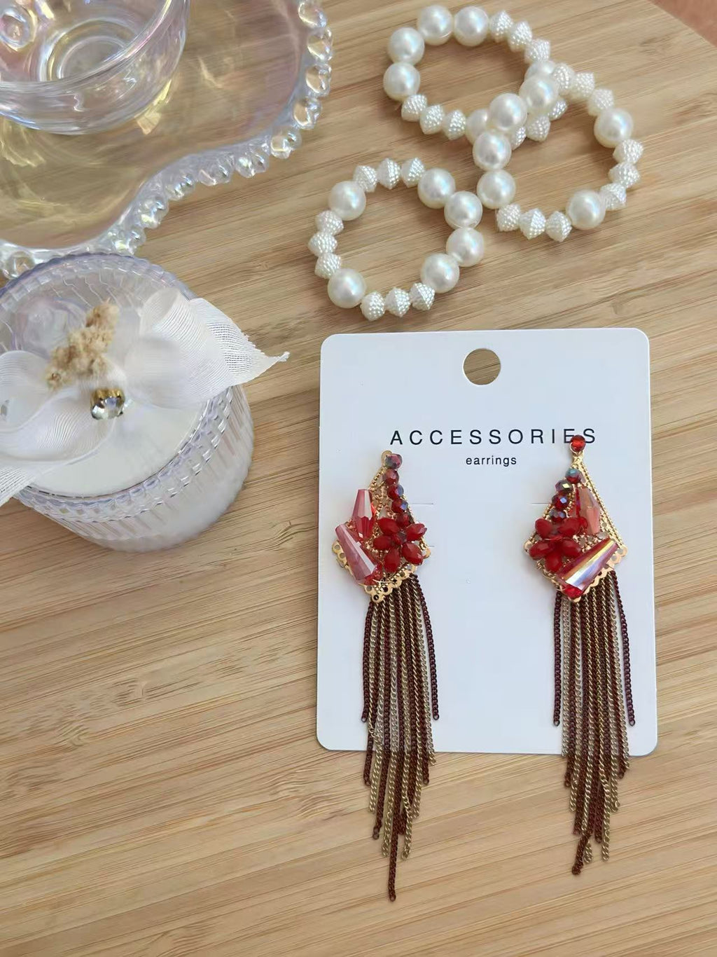 Red Floral Earrings with Geometric Design and Tassel Chains