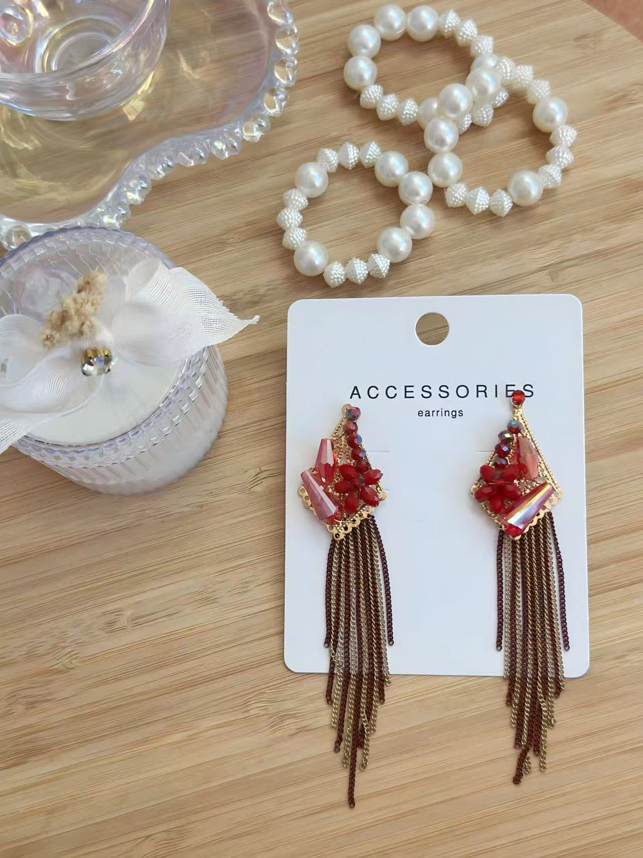 Red Floral Earrings with Geometric Design and Tassel Chains