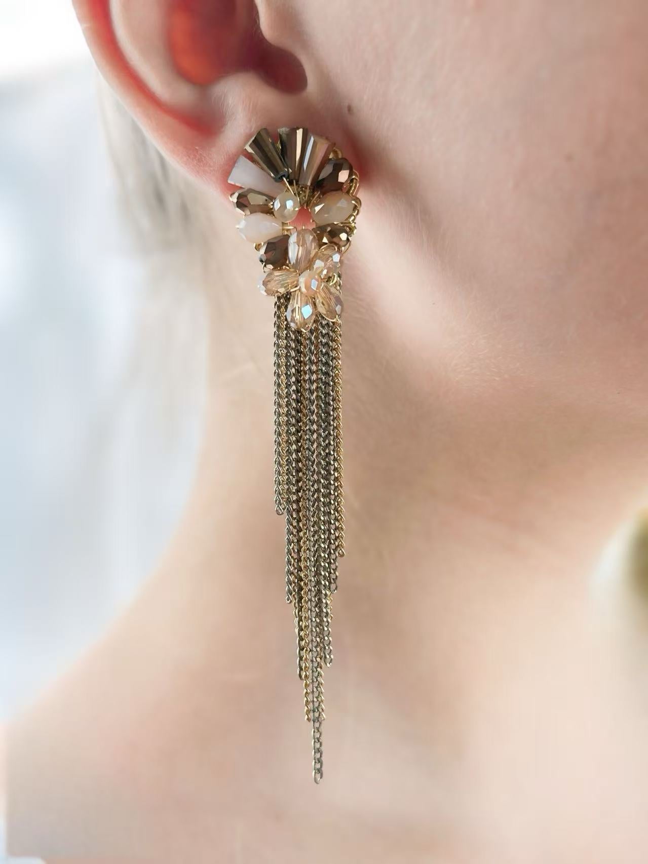Elegant Gold and Crystal Flower Earrings with Cascading Tassels