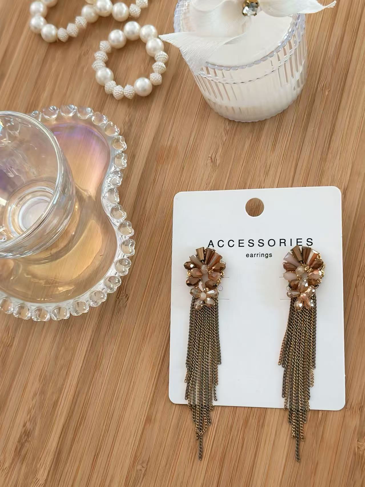 Elegant Gold and Crystal Flower Earrings with Cascading Tassels
