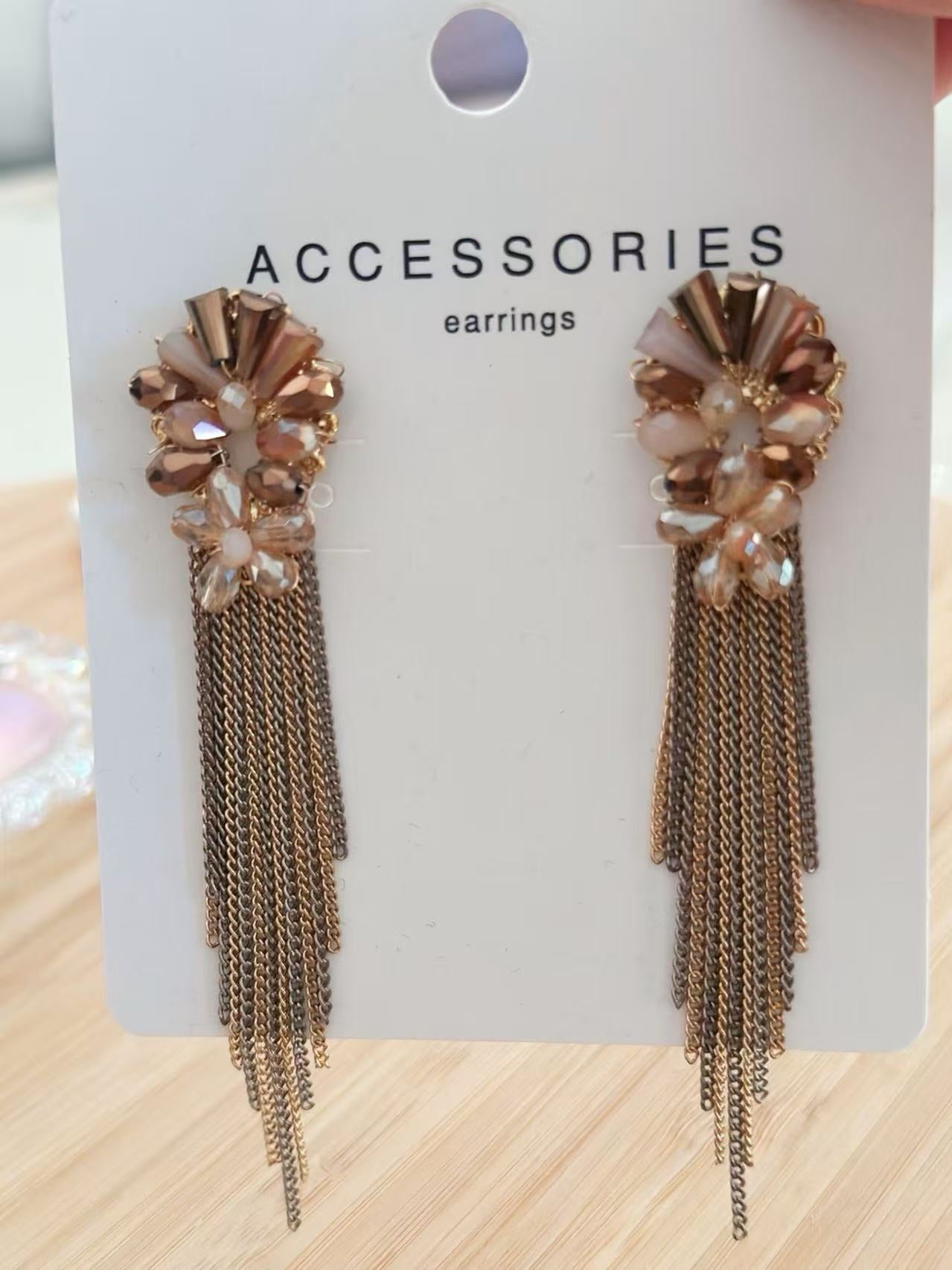 Elegant Gold and Crystal Flower Earrings with Cascading Tassels